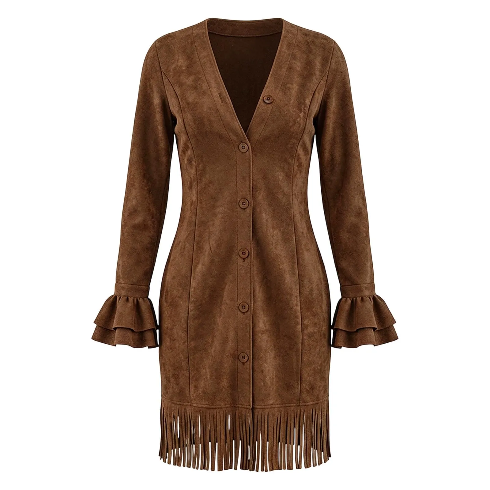 Generisch Abito vintage da donna in finta pelle scamosciata con frange, scollo a V profondo, aderente, a maniche lunghe, con nappa e bottoni, stile occidentale, camoscio, tempo libero, feste, marrone - immagine 5