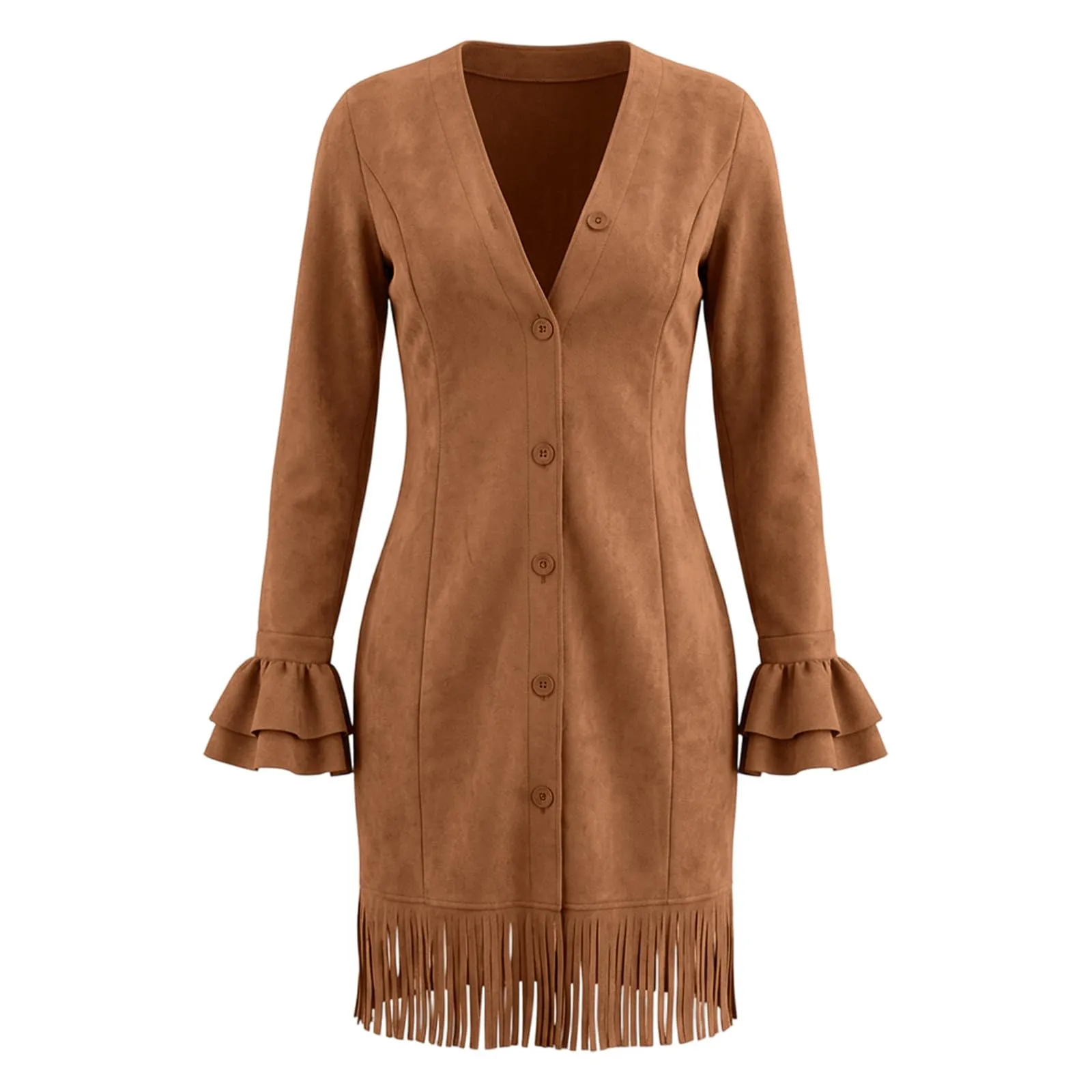 Generisch Abito vintage da donna in finta pelle scamosciata con frange, scollo a V profondo, aderente, a maniche lunghe, con nappa e bottoni, stile occidentale, camoscio, tempo libero, feste, gold - immagine 5