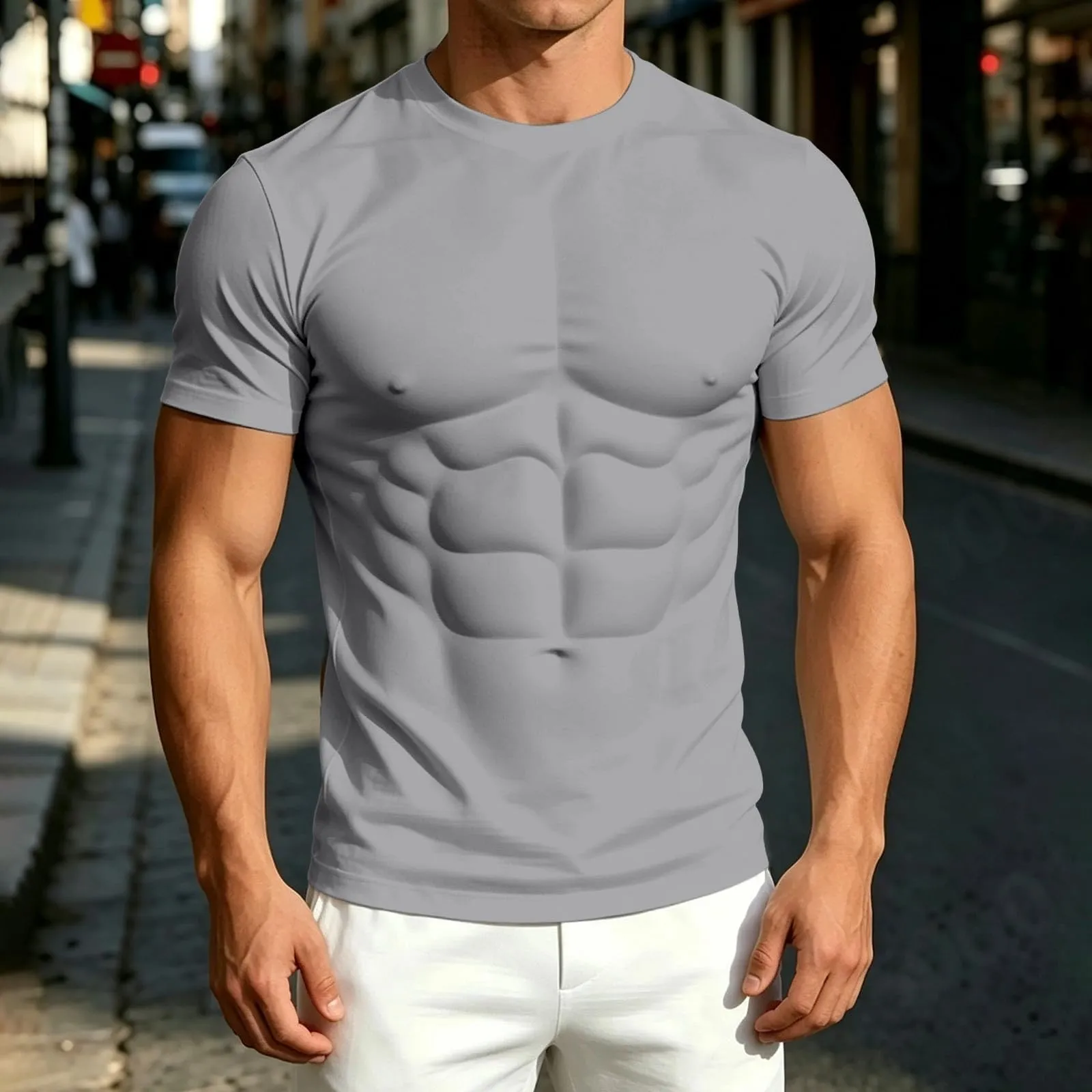 Maglietta a maniche lunghe da uomo con stampa 3D divertente muscolo, Grigio - immagine 2