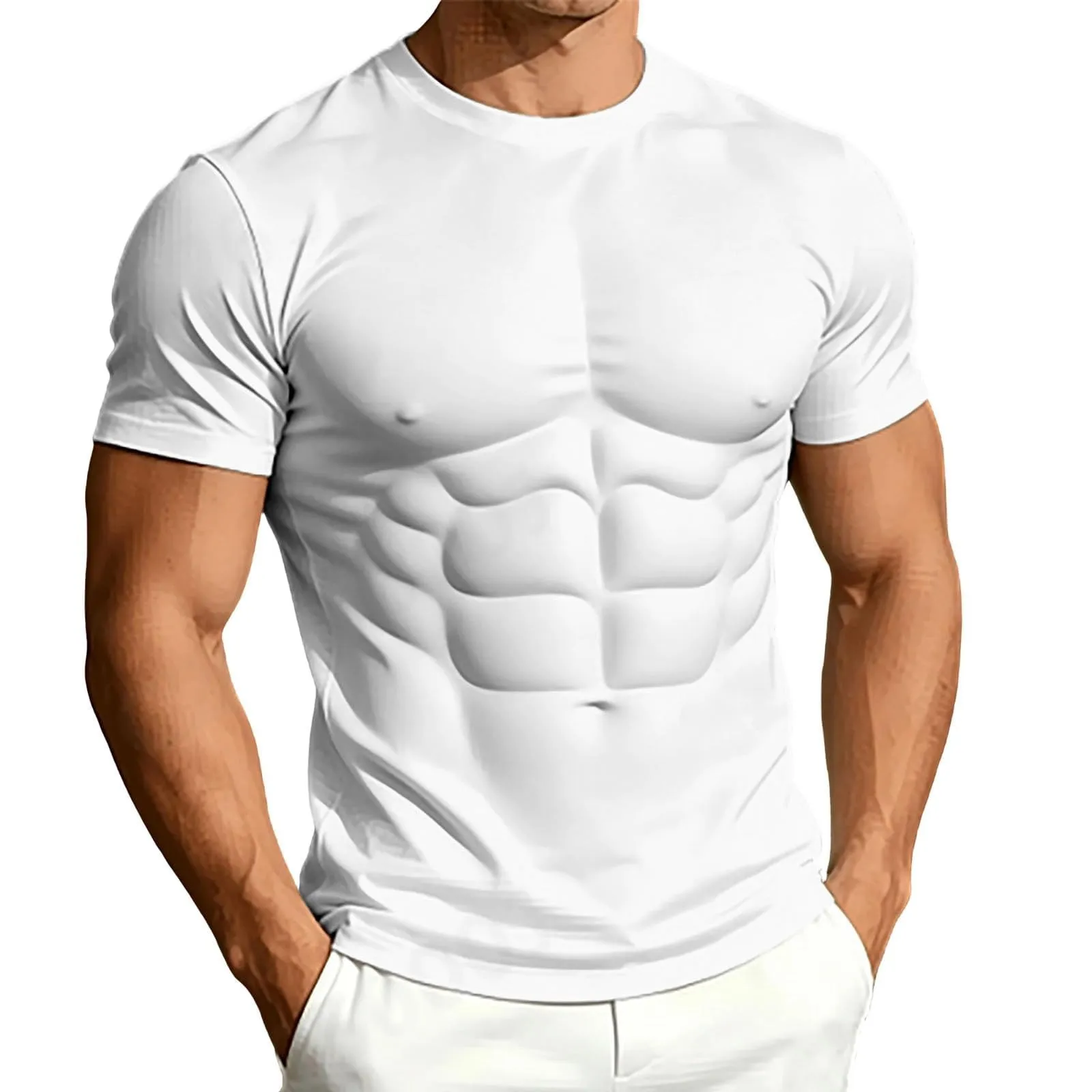 Maglietta a maniche lunghe da uomo con stampa 3D divertente muscolo, bianco - immagine 1