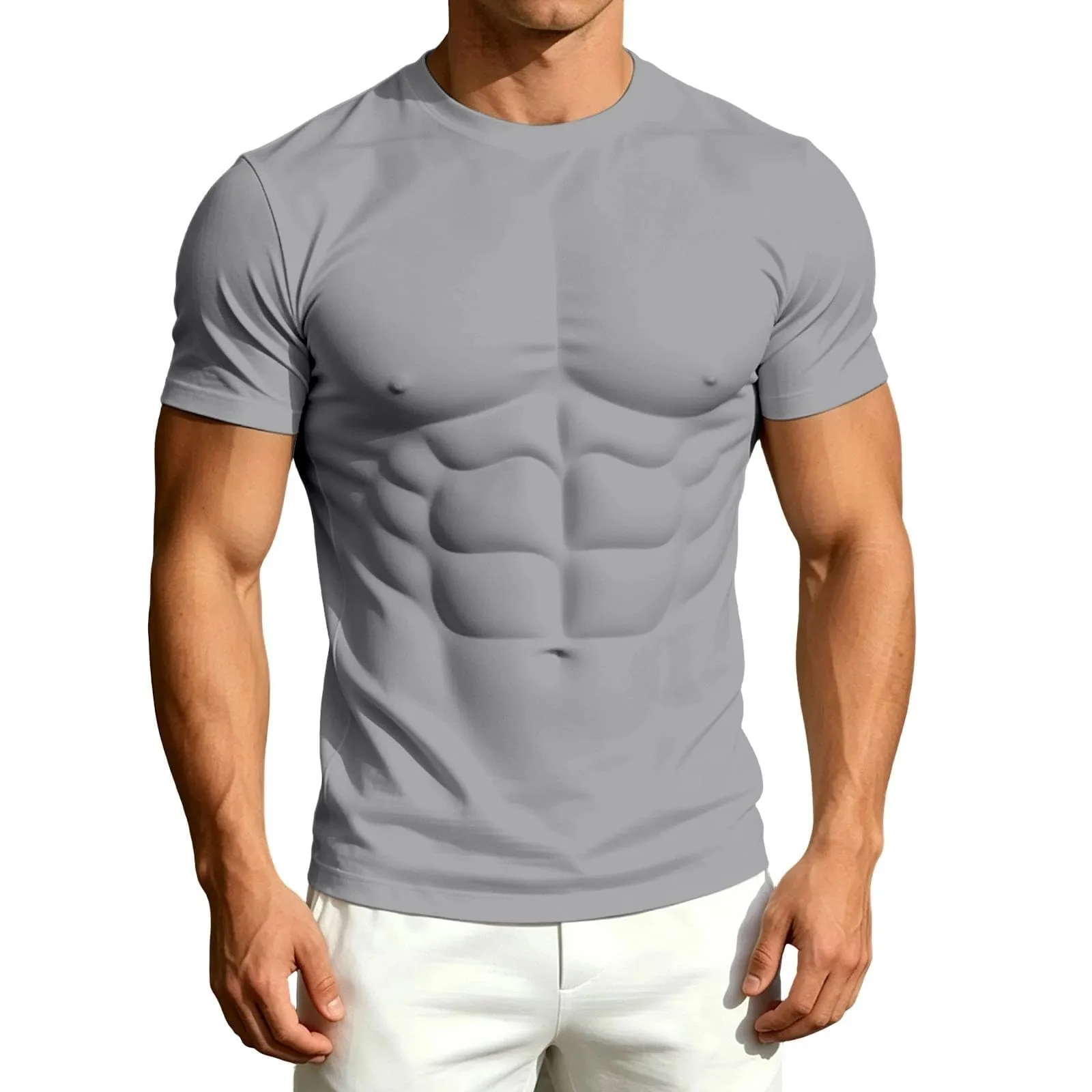 Maglietta a maniche lunghe da uomo con stampa 3D divertente muscolo, Grigio - immagine 4