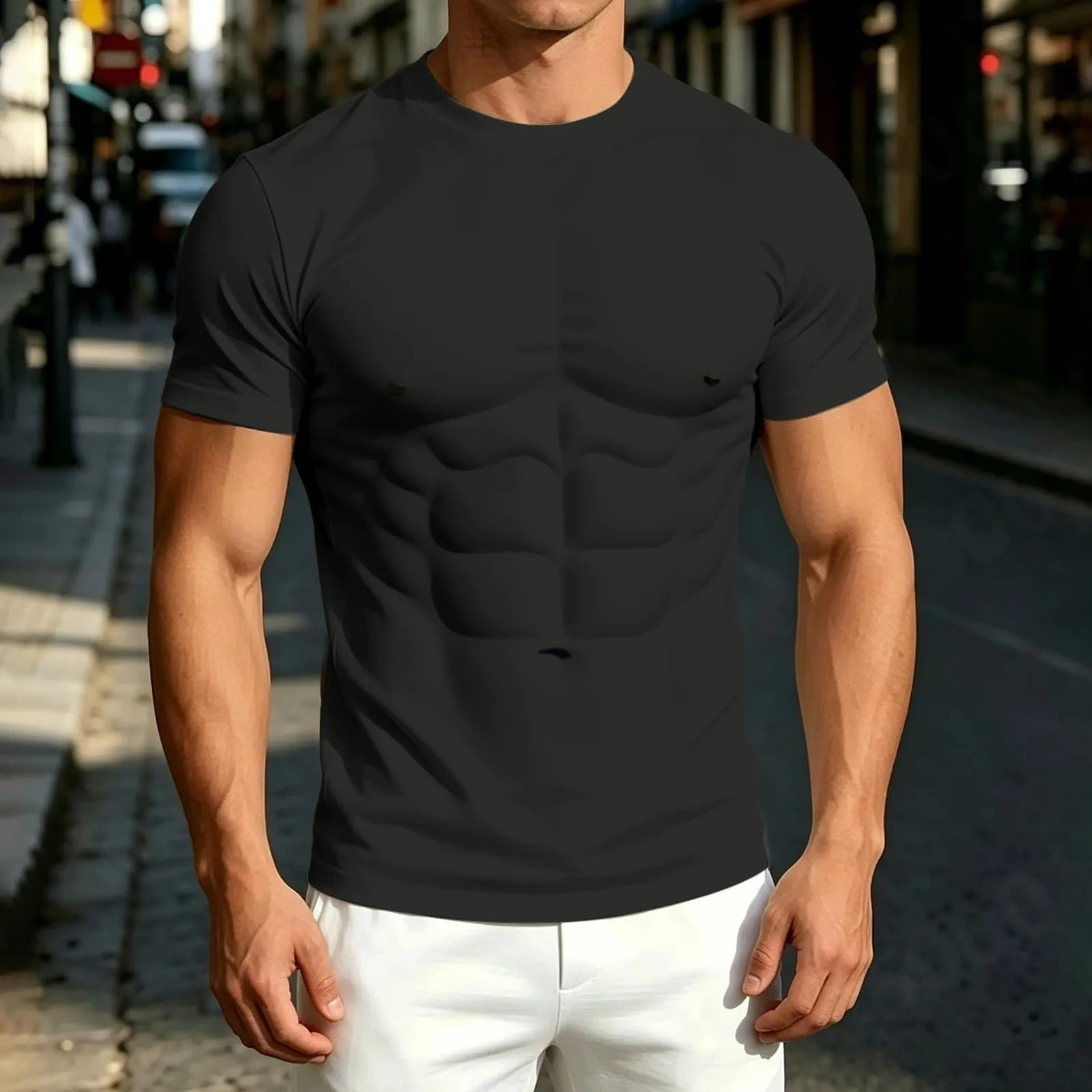 Maglietta a maniche lunghe da uomo con stampa 3D divertente muscolo, Nero - immagine 2
