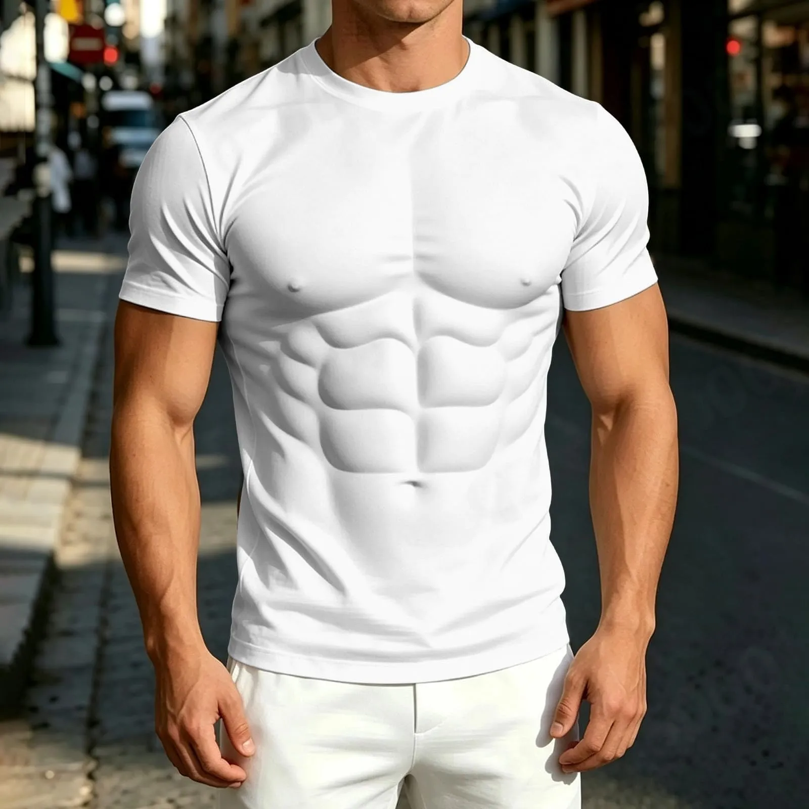 Maglietta a maniche lunghe da uomo con stampa 3D divertente muscolo, bianco - immagine 2