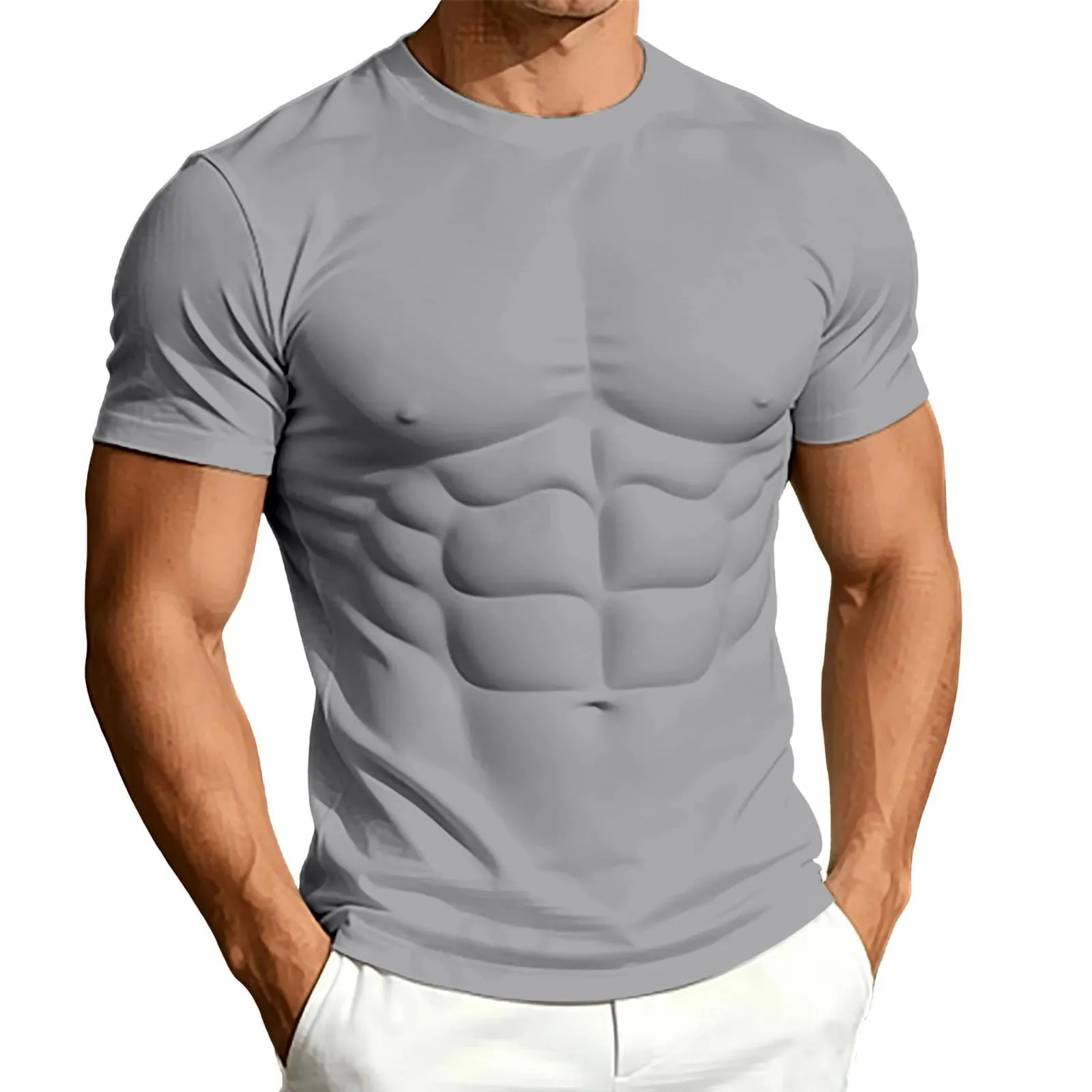 Maglietta a maniche lunghe da uomo con stampa 3D divertente muscolo, Grigio - immagine 1