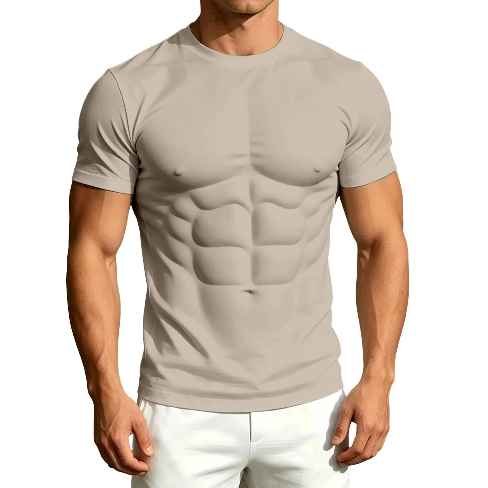 Maglietta a maniche lunghe da uomo con stampa 3D divertente muscolo, cachi - immagine 4