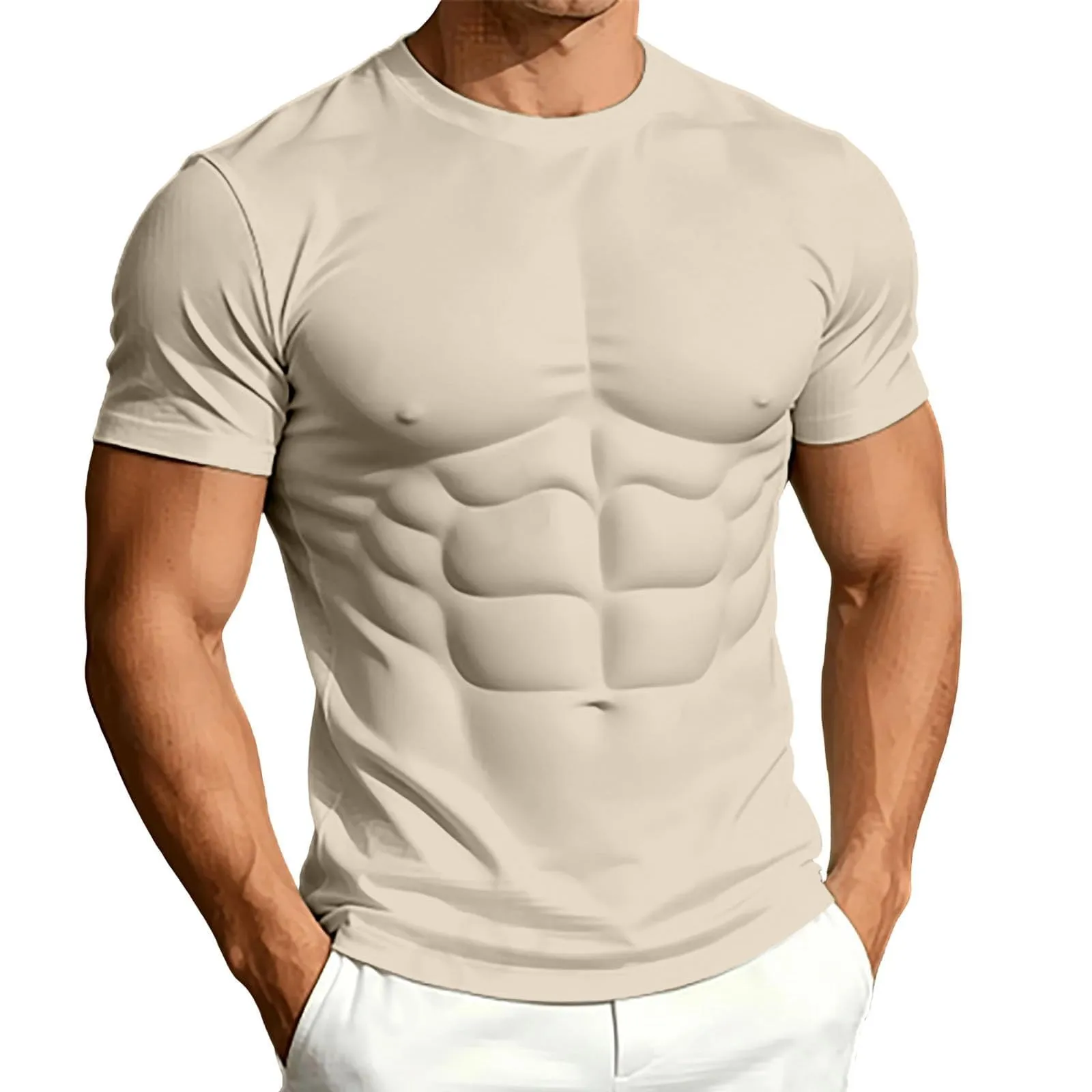 Maglietta a maniche lunghe da uomo con stampa 3D divertente muscolo, Beige - immagine 1