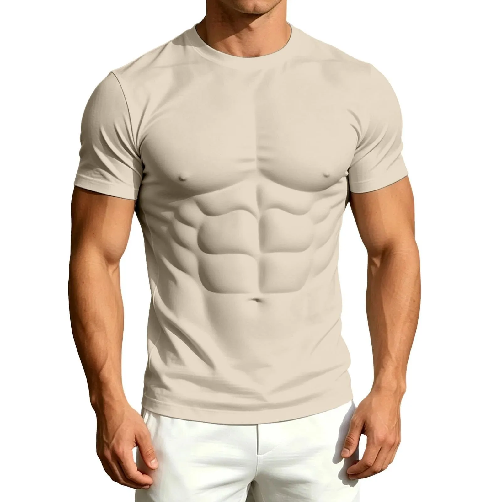 Maglietta a maniche lunghe da uomo con stampa 3D divertente muscolo, Beige - immagine 4