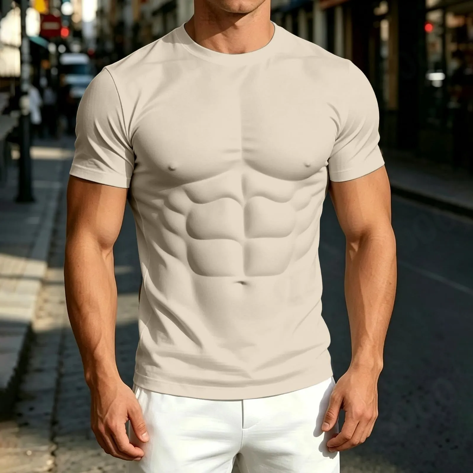 Maglietta a maniche lunghe da uomo con stampa 3D divertente muscolo, Beige - immagine 2