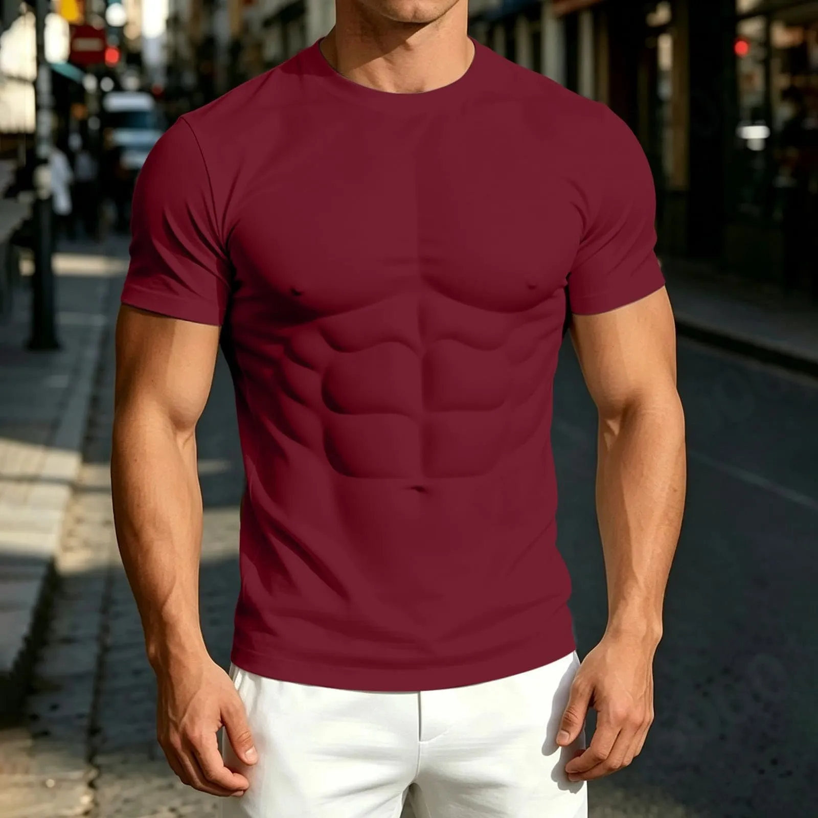 Maglietta a maniche lunghe da uomo con stampa 3D divertente muscolo, vino - immagine 2