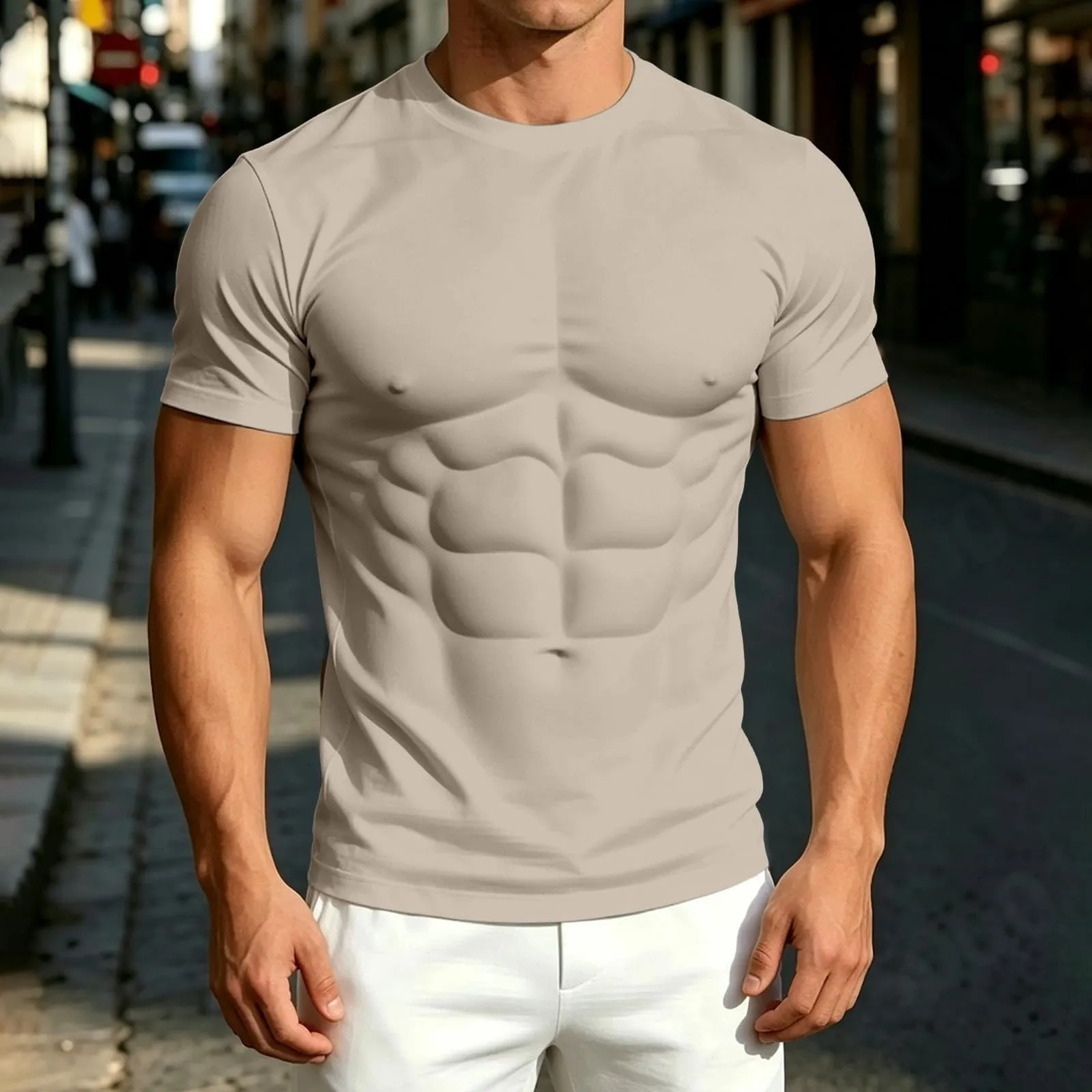 Maglietta a maniche lunghe da uomo con stampa 3D divertente muscolo, cachi - immagine 2
