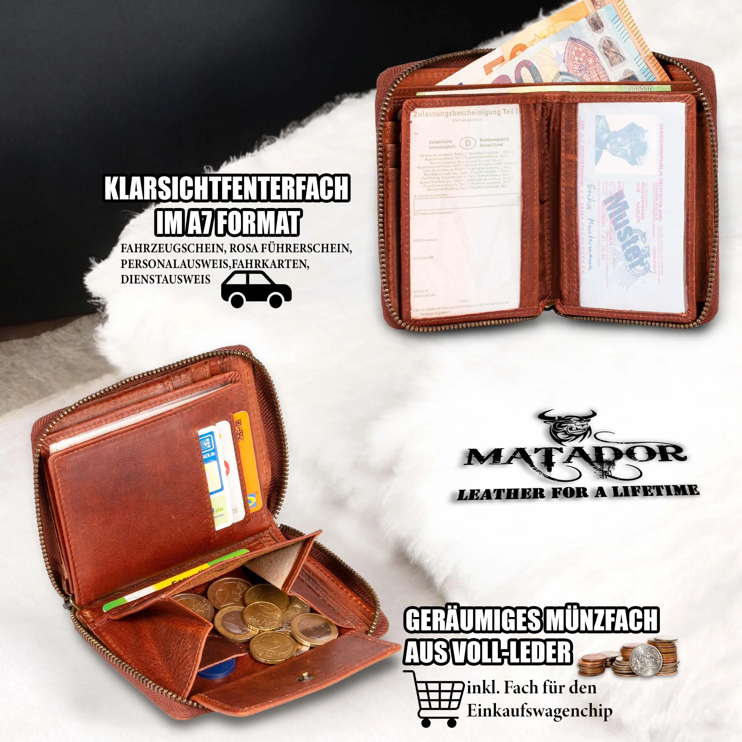 Matador Portafoglio Uomo Classico e Donna Pelle Marrone Vintage RFID Zip - immagine 3