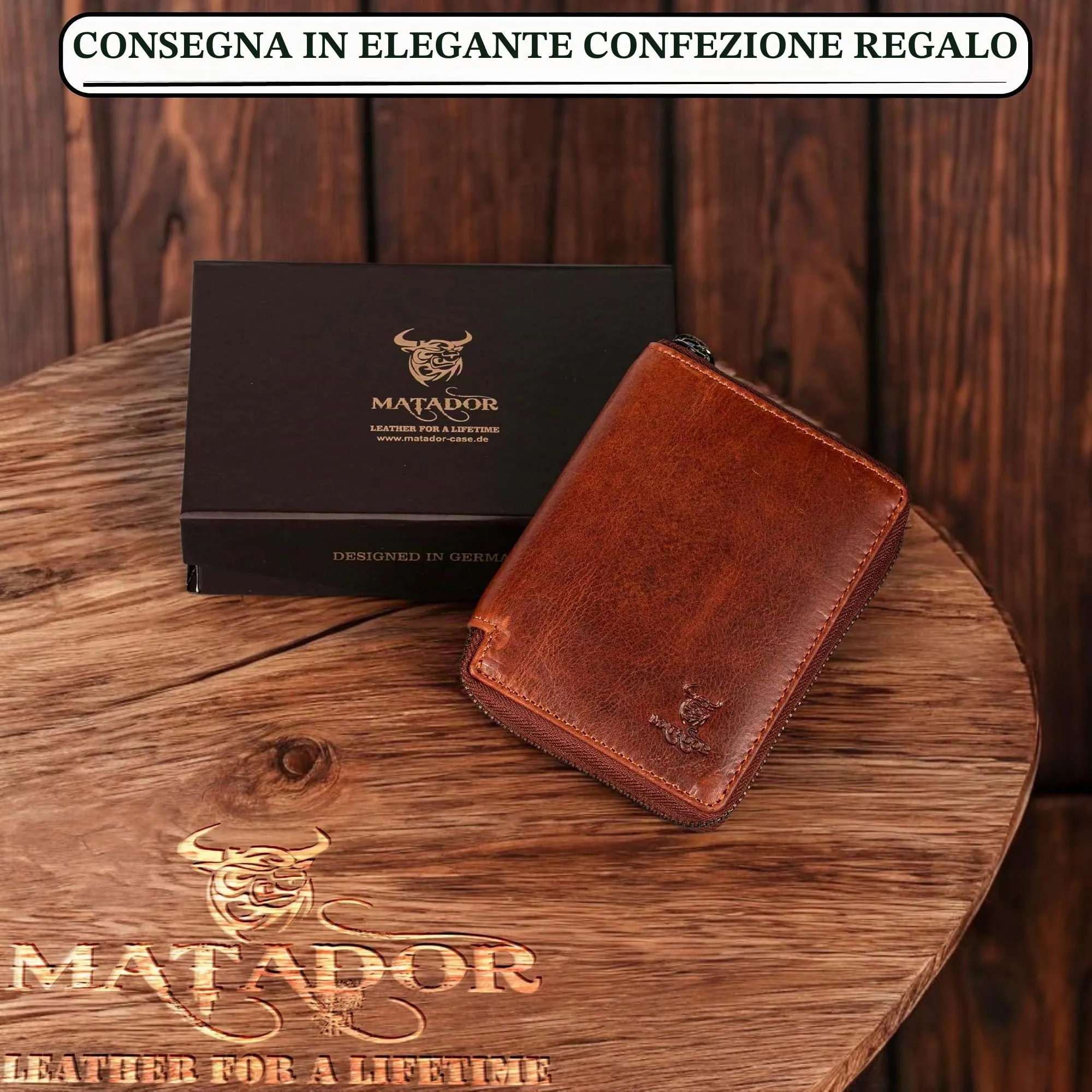 Matador Portafoglio Uomo Classico e Donna Pelle Marrone Vintage RFID Zip - immagine 6