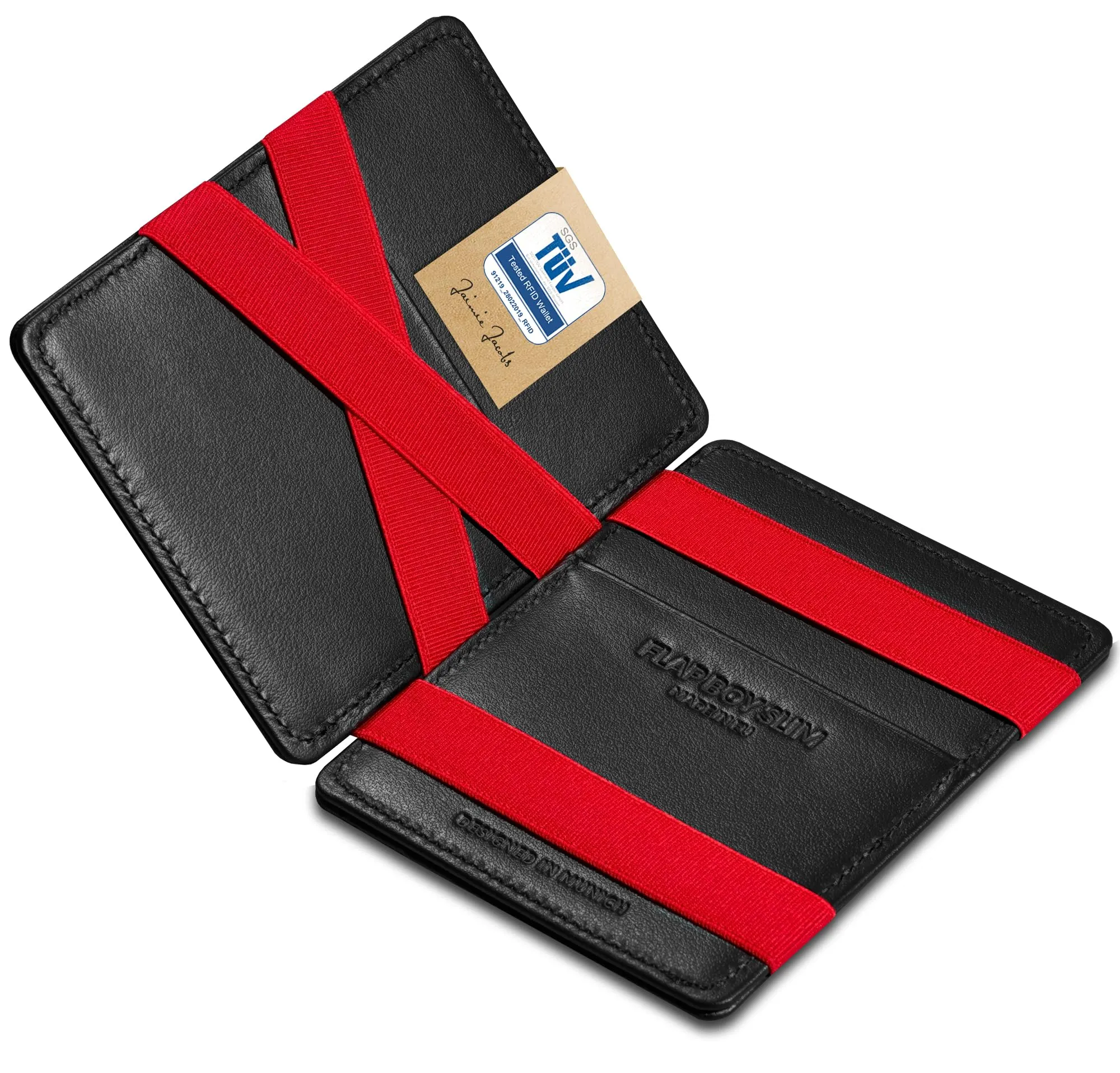 Jaimie Jacobs ® Portafoglio Magico, Magic Wallet Flap Boy Slim - l'Originale - Protezione RFID, Portafoglio Uomo Piccolo, Porta Carte di Credito Ragazzo, Porta Tessere Slim (Nero e Rosso) - immagine 1