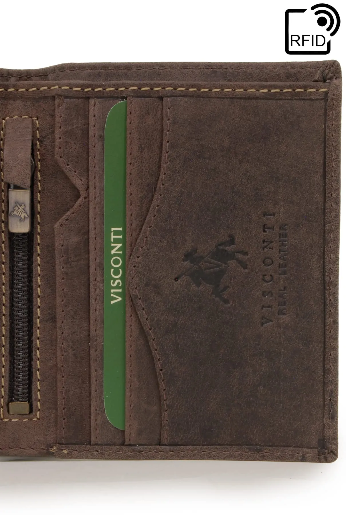 VISCONTI - Portafoglio Uomo Compatto in Pelle - Porta Carte di Credito per 6 Carte con Portamonete - Due Pieghe - RFID - 705 Arrow - Olio Marrone - immagine 3