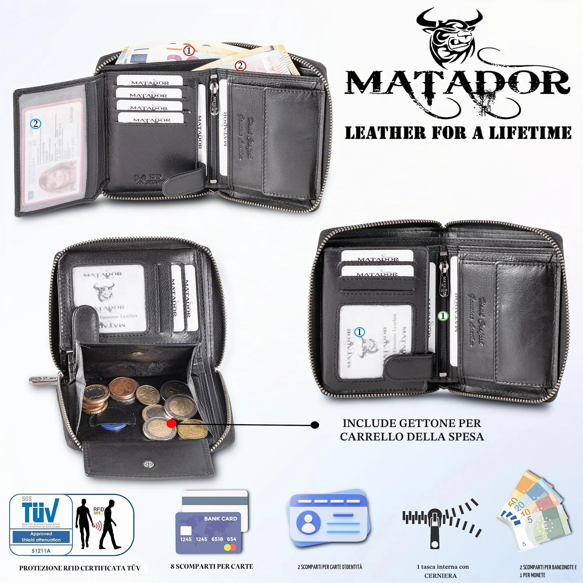 Matador Portafoglio Uomo Piccolo Vera Pelle RFID Zip, Nero Nappa - immagine 2