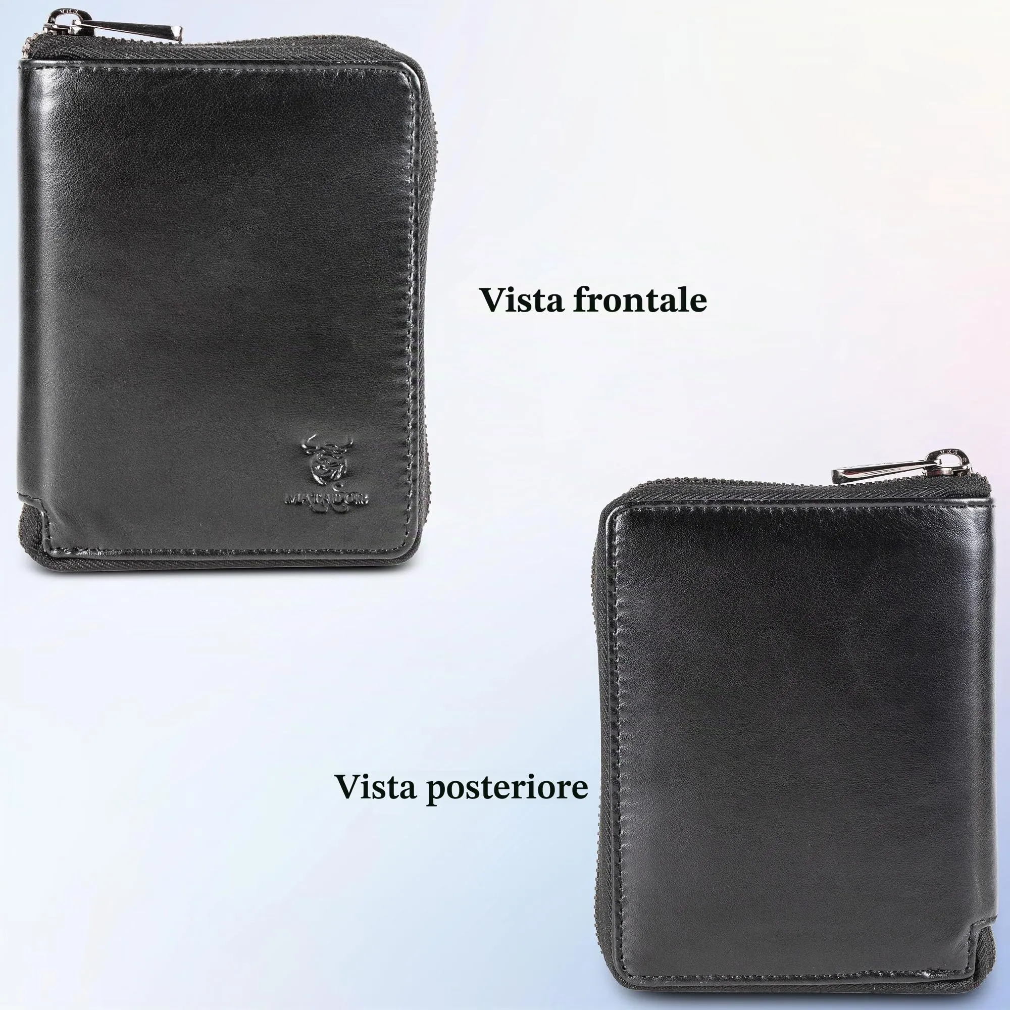 Matador Portafoglio Uomo Piccolo Vera Pelle RFID Zip, Nero Nappa - immagine 3