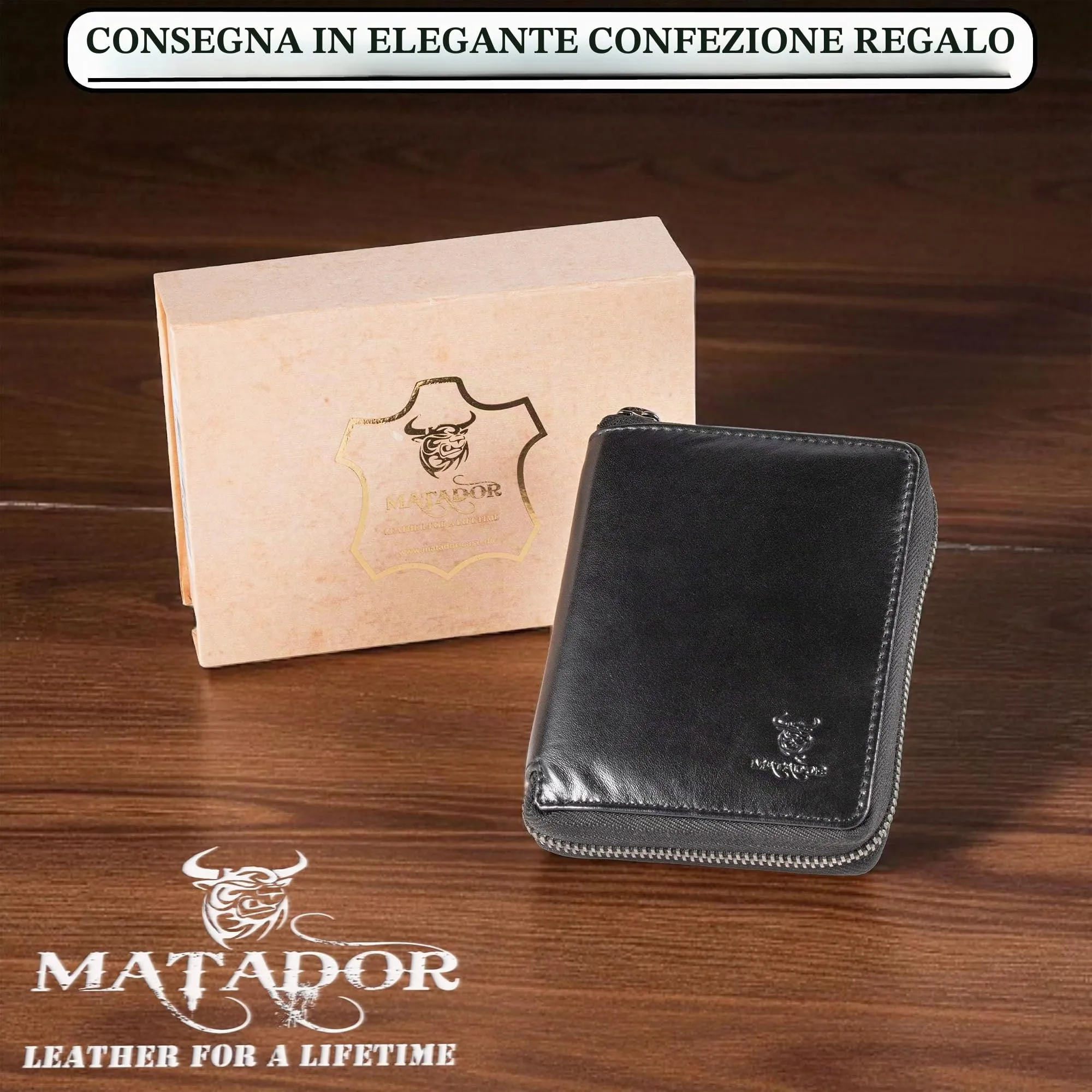 Matador Portafoglio Uomo Piccolo Vera Pelle RFID Zip, Nero Nappa - immagine 6