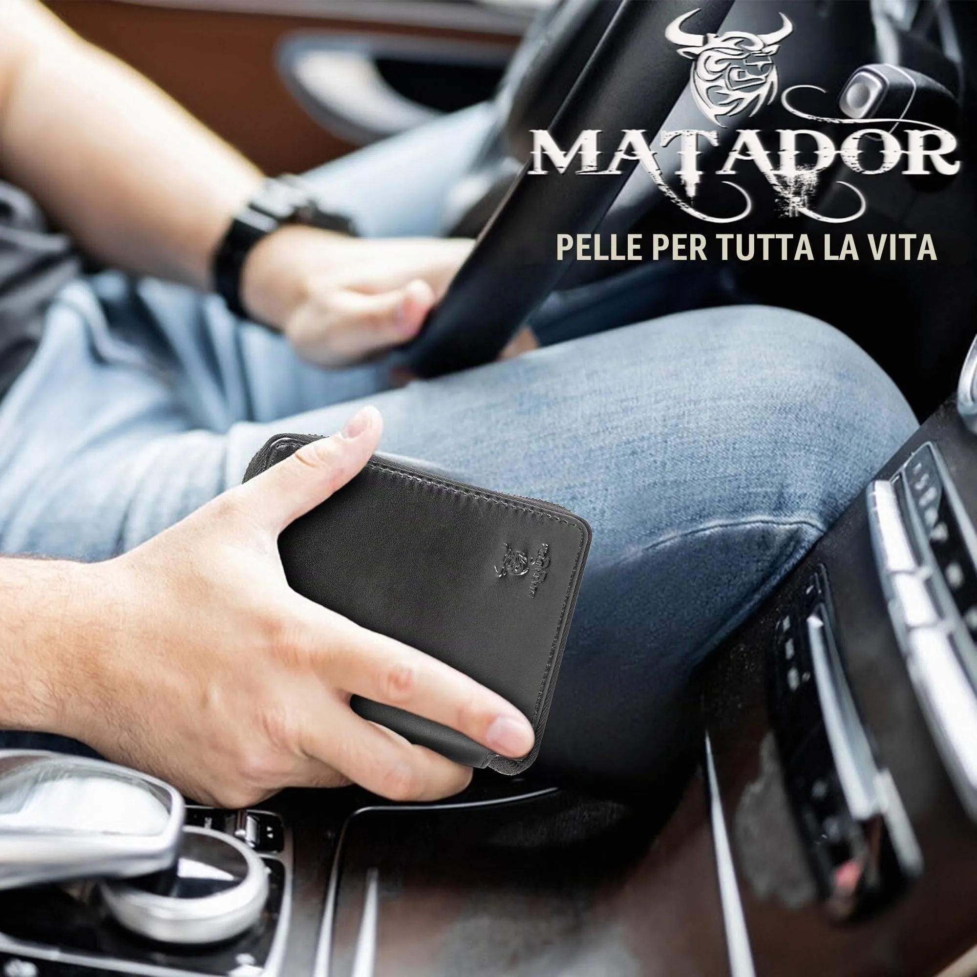 Matador Portafoglio Uomo Piccolo Vera Pelle RFID Zip, Nero Nappa - immagine 7