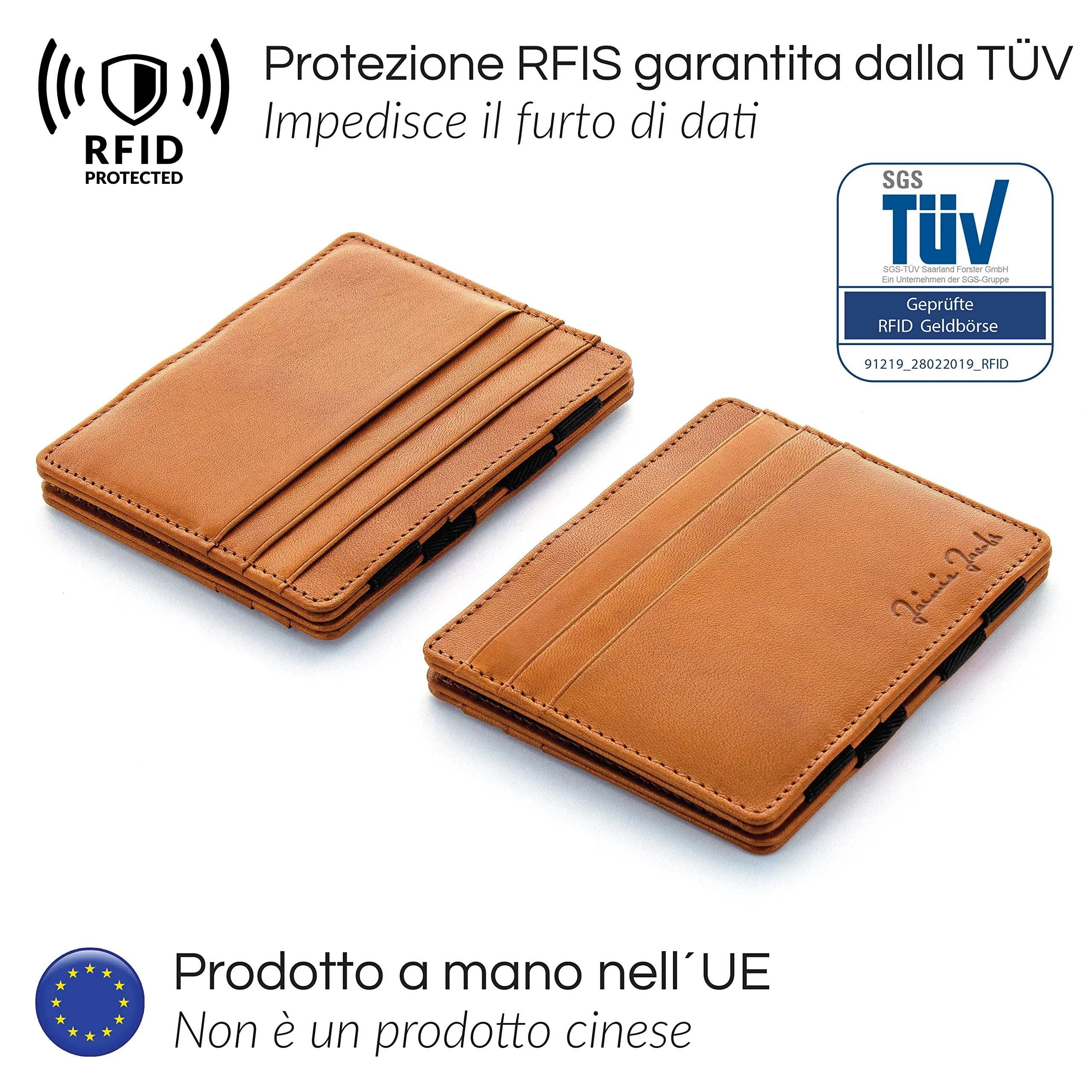 Jaimie Jacobs Portafoglio Magico, Magic Wallet Flap Boy Slim - l'Originale - Protezione RFID, Portafoglio Uomo Piccolo, Porta Carte di Credito Ragazzo, Porta Tessere Slim, Vera Pelle (Cognac e Nero) - immagine 2
