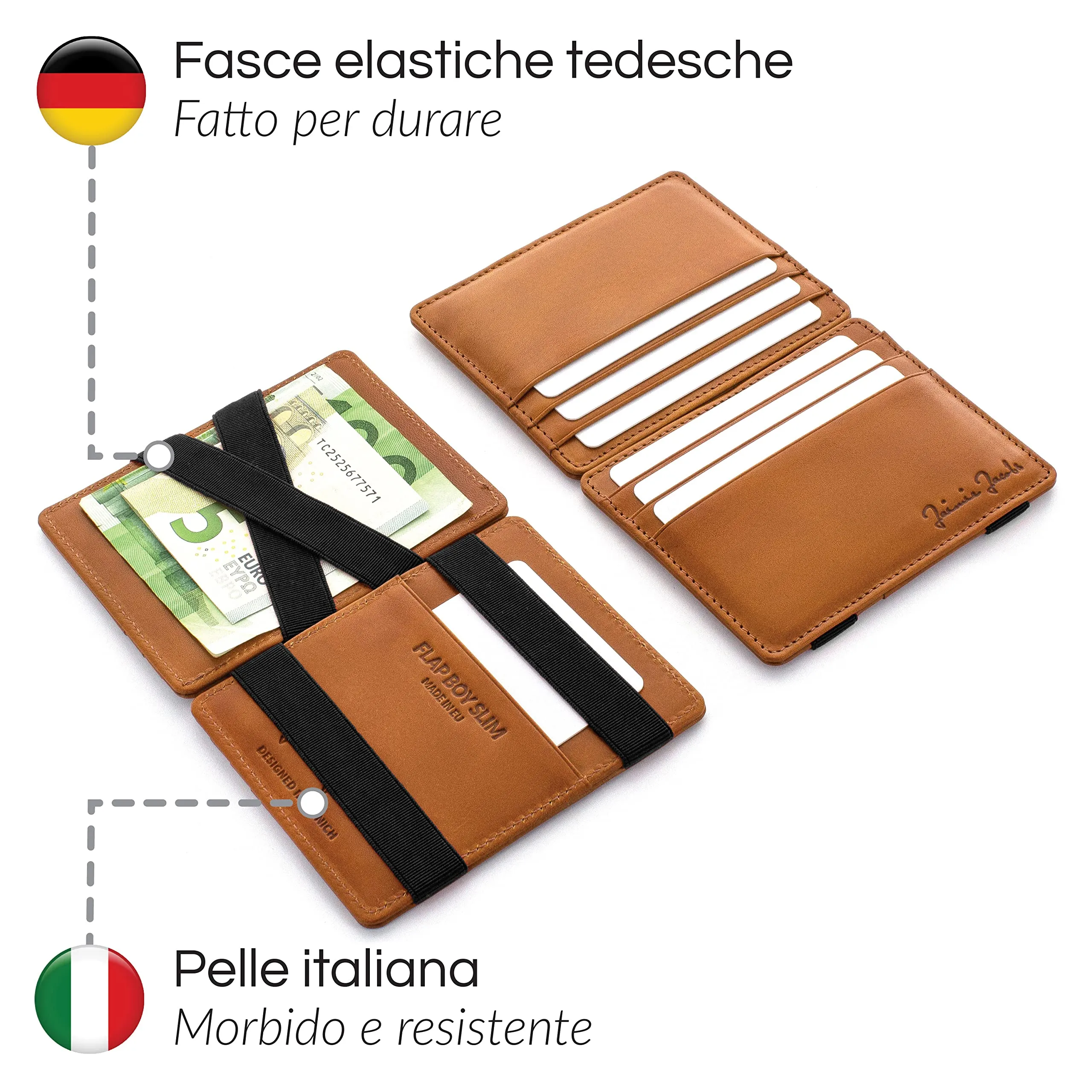Jaimie Jacobs Portafoglio Magico, Magic Wallet Flap Boy Slim - l'Originale - Protezione RFID, Portafoglio Uomo Piccolo, Porta Carte di Credito Ragazzo, Porta Tessere Slim, Vera Pelle (Cognac e Nero) - immagine 3
