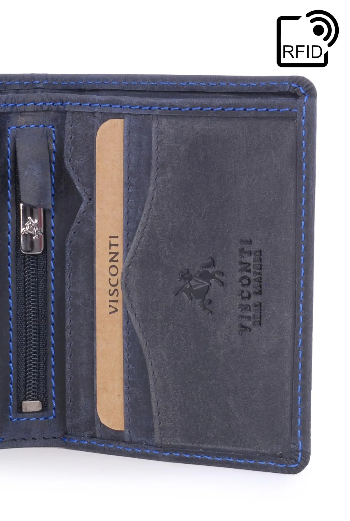 VISCONTI - Portafoglio Uomo Compatto in Pelle - Porta Carte di Credito per 6 Carte con Portamonete - Due Pieghe - RFID - 705 Arrow - Olio Blu - immagine 3