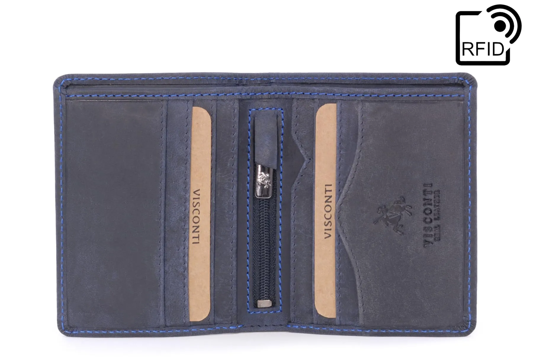 VISCONTI - Portafoglio Uomo Compatto in Pelle - Porta Carte di Credito per 6 Carte con Portamonete - Due Pieghe - RFID - 705 Arrow - Olio Blu - immagine 5