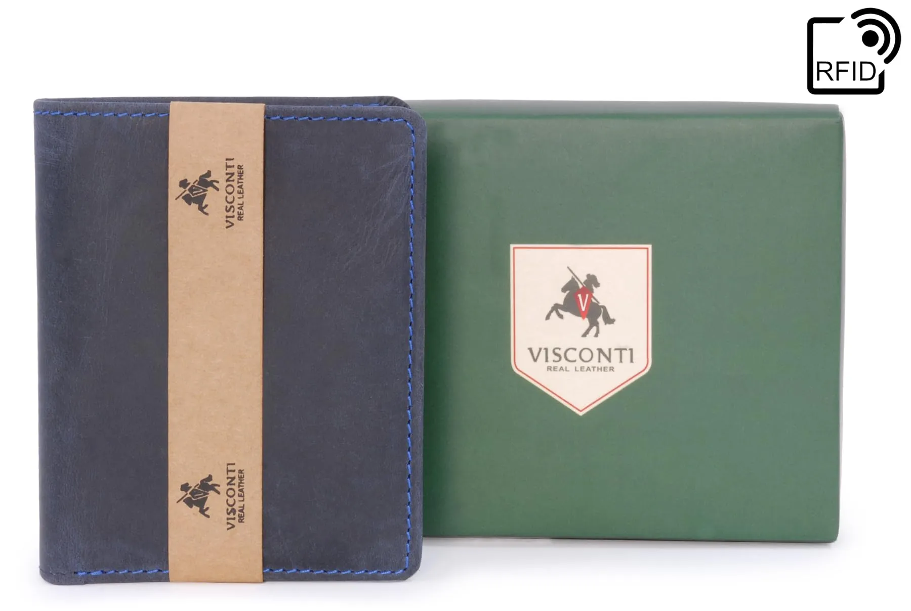 VISCONTI - Portafoglio Uomo Compatto in Pelle - Porta Carte di Credito per 6 Carte con Portamonete - Due Pieghe - RFID - 705 Arrow - Olio Blu - immagine 6