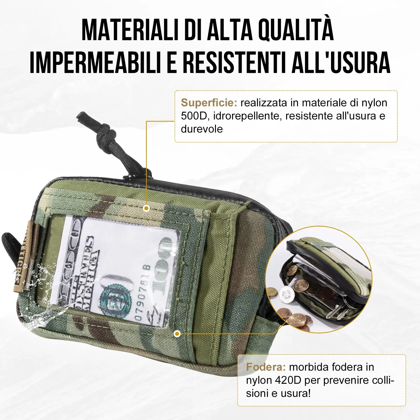 OneTigris Portafoglio 500d Nylon Piccolo Con Cerniera Portafoglio Tattico Custodia Per Carte Di Credito Piccola Tasca Per Uomini e Donne-Camo - immagine 3
