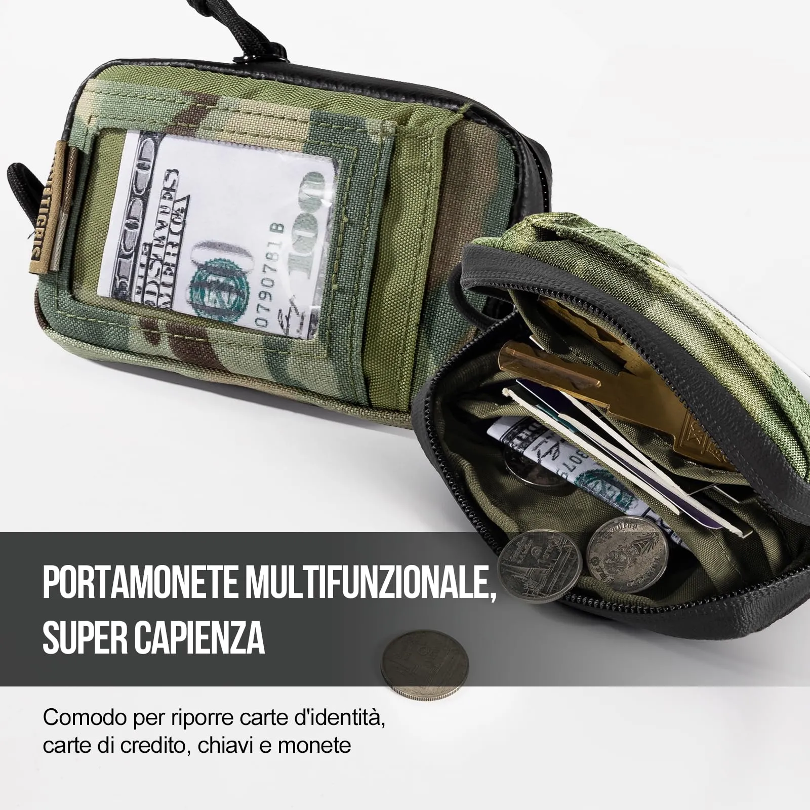 OneTigris Portafoglio 500d Nylon Piccolo Con Cerniera Portafoglio Tattico Custodia Per Carte Di Credito Piccola Tasca Per Uomini e Donne-Camo - immagine 9