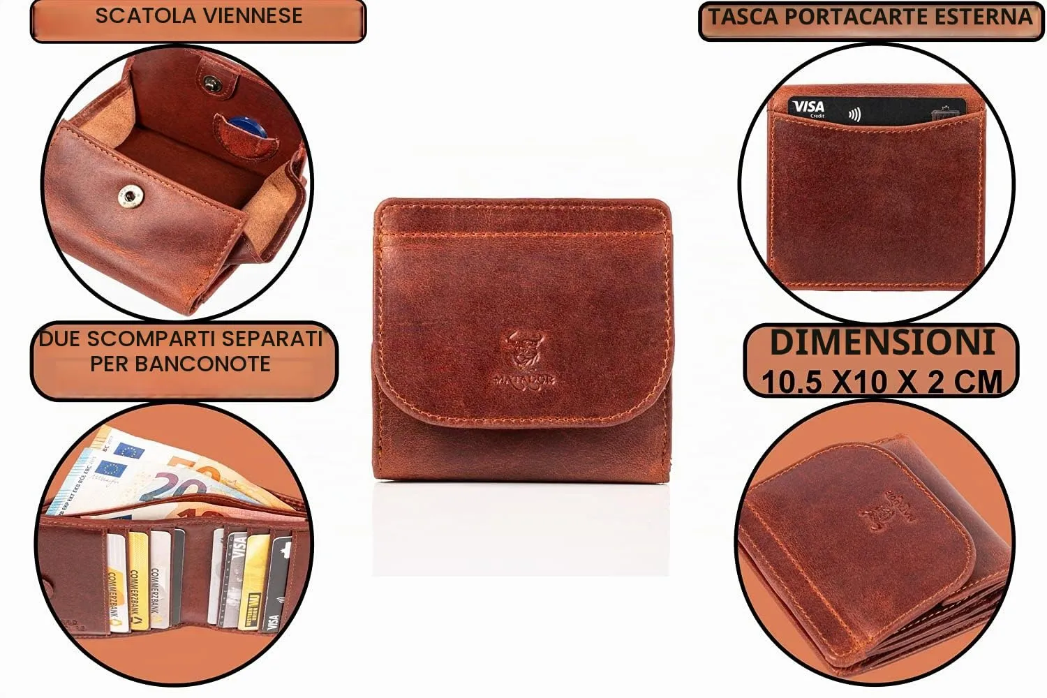 Matador Portafoglio Uomo Piccolo Pelle RFID Portamonete Marrone Vintage - immagine 4