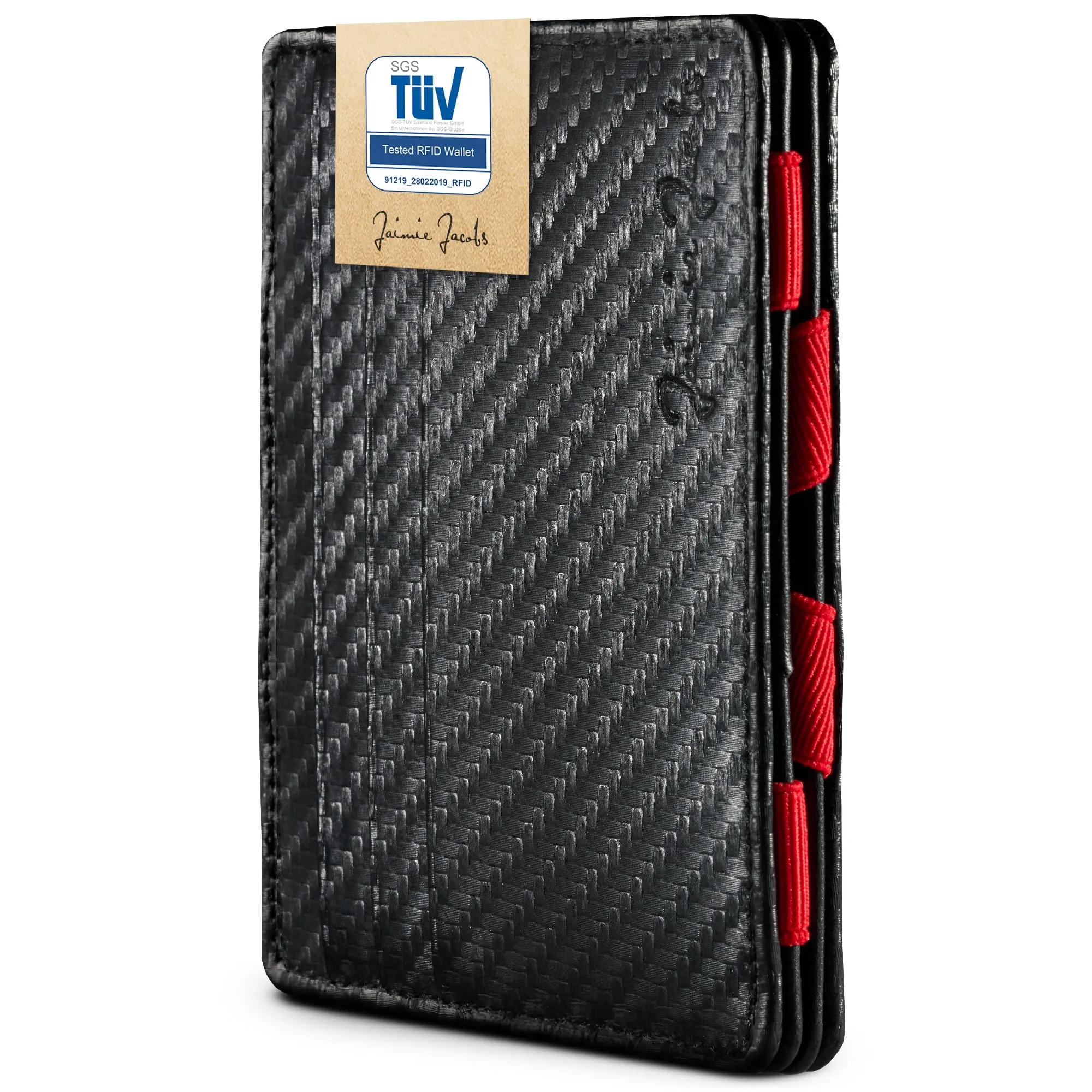 Jaimie Jacobs Portafoglio Magico, Magic Wallet Flap Boy Slim - l'Originale - Protezione RFID, Portafoglio Uomo Piccolo, Porta Carte di Credito Ragazzo, Porta Tessere Slim (Carbonio E Rosso) - immagine 1