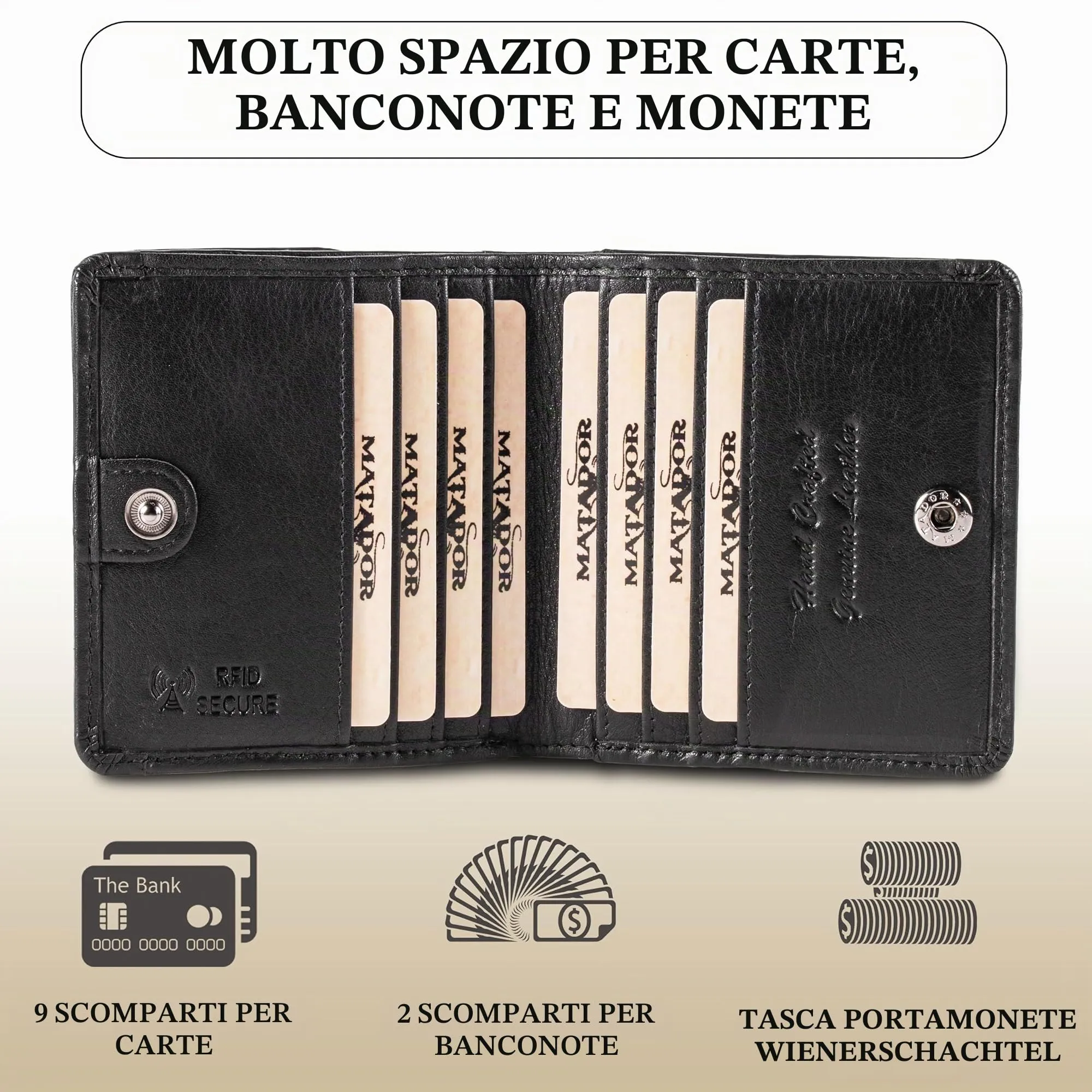 Matador Portafoglio Uomo Piccolo Pelle RFID Portamonete Nero Nappa - immagine 2
