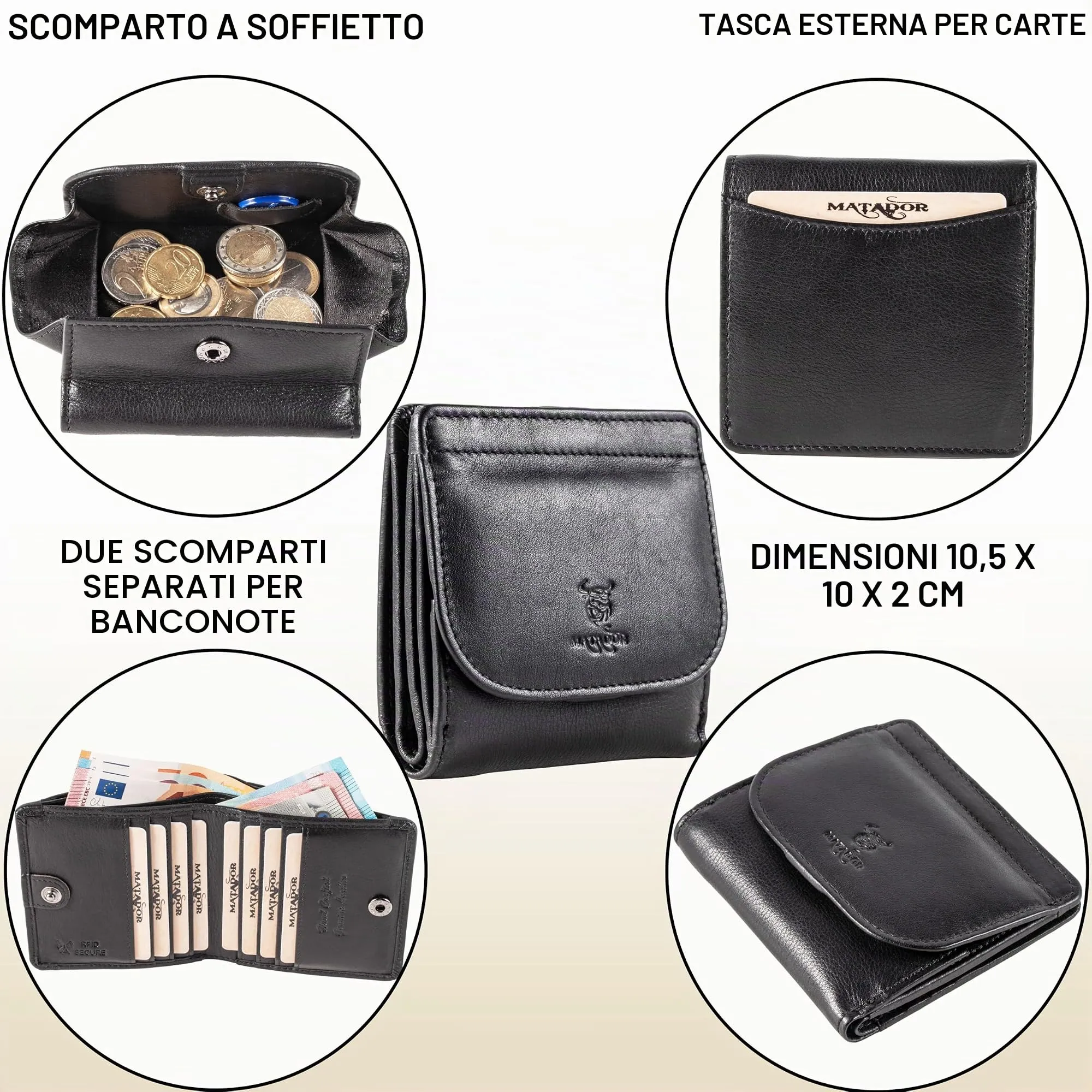 Matador Portafoglio Uomo Piccolo Pelle RFID Portamonete Nero Nappa - immagine 4