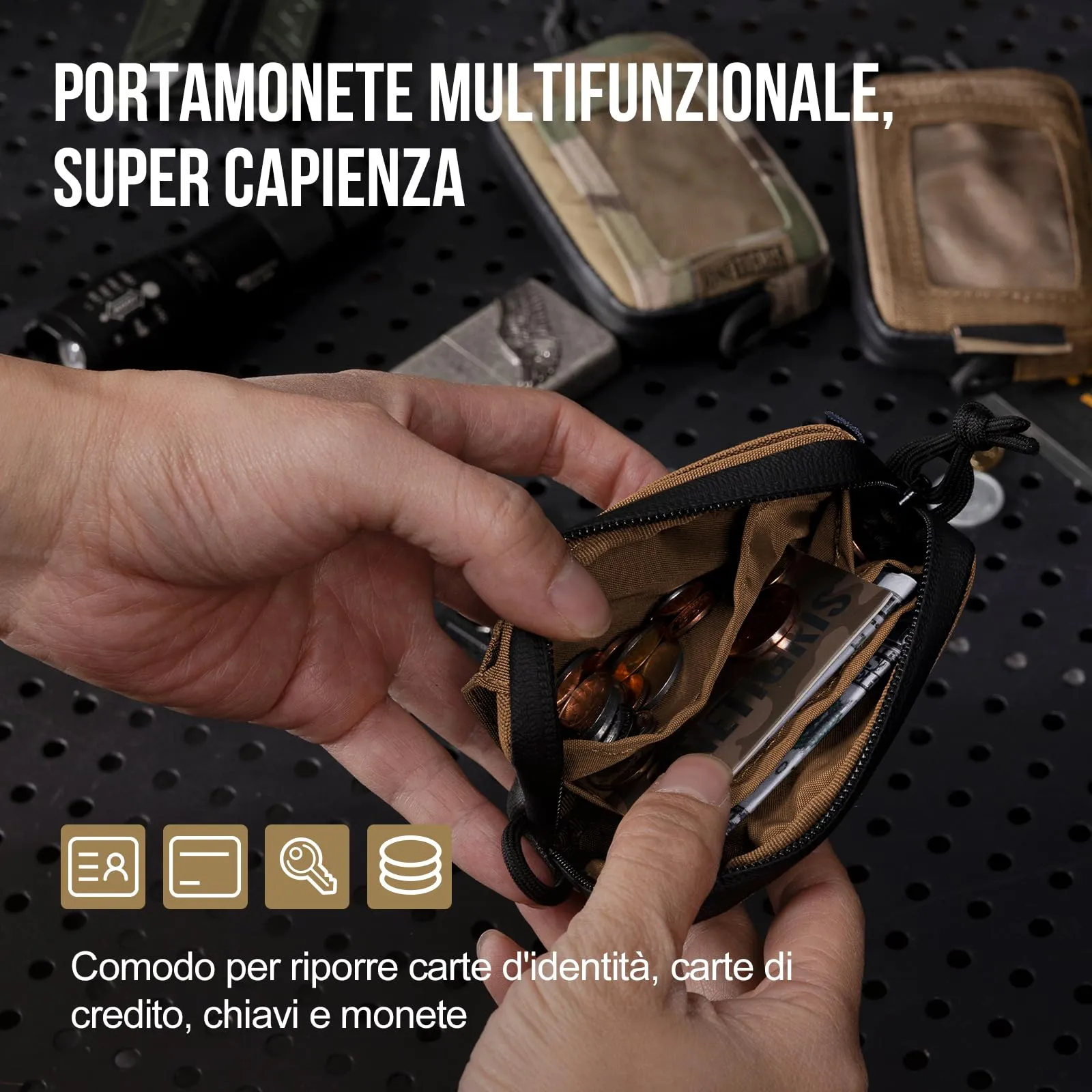 OneTigris Portafoglio 500d Nylon Piccolo Con Cerniera Portafoglio Tattico Custodia Per Carte Di Credito Piccola Tasca Per Uomini e Donne-Marrone Coyote - immagine 2