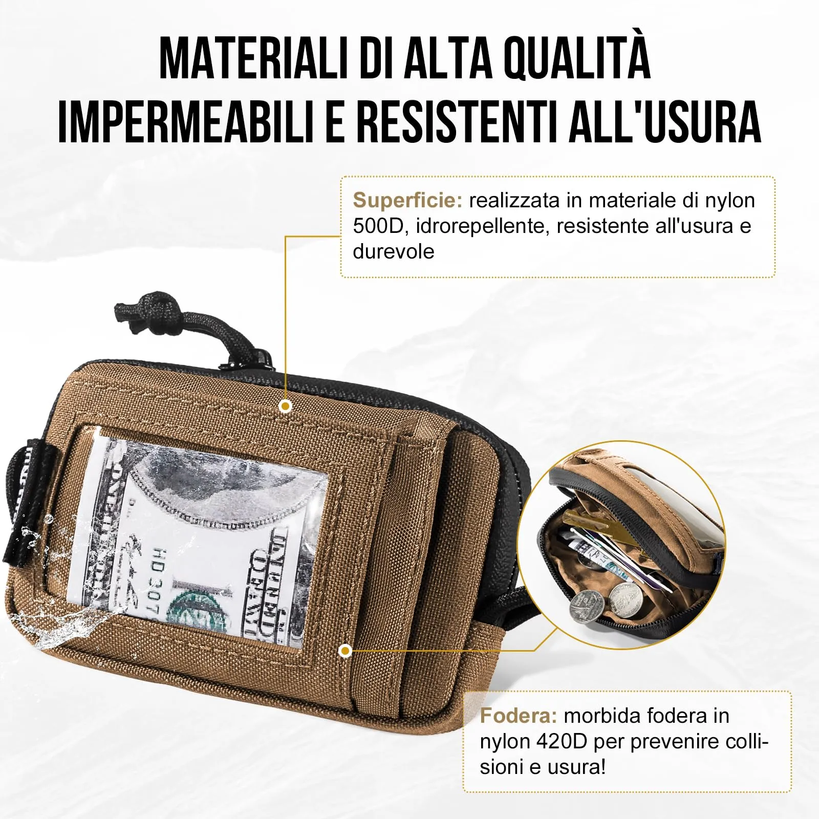 OneTigris Portafoglio 500d Nylon Piccolo Con Cerniera Portafoglio Tattico Custodia Per Carte Di Credito Piccola Tasca Per Uomini e Donne-Marrone Coyote - immagine 3