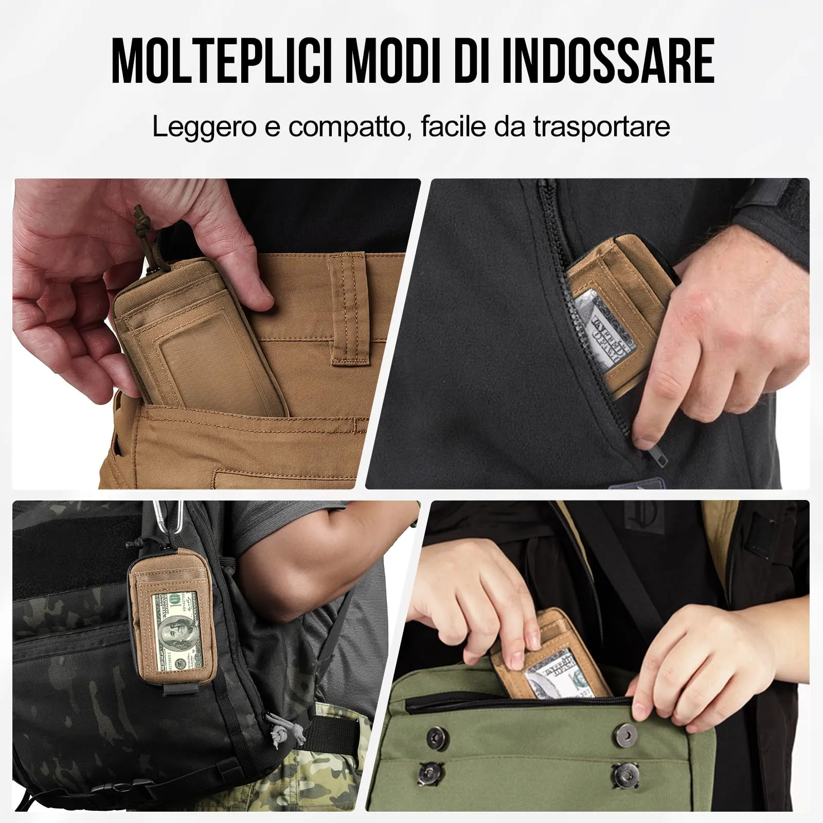 OneTigris Portafoglio 500d Nylon Piccolo Con Cerniera Portafoglio Tattico Custodia Per Carte Di Credito Piccola Tasca Per Uomini e Donne-Marrone Coyote - immagine 6