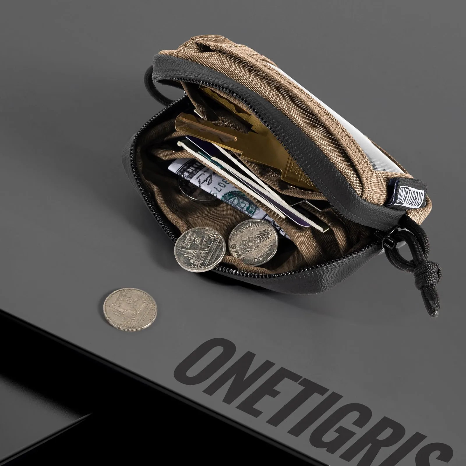 OneTigris Portafoglio 500d Nylon Piccolo Con Cerniera Portafoglio Tattico Custodia Per Carte Di Credito Piccola Tasca Per Uomini e Donne-Marrone Coyote - immagine 7