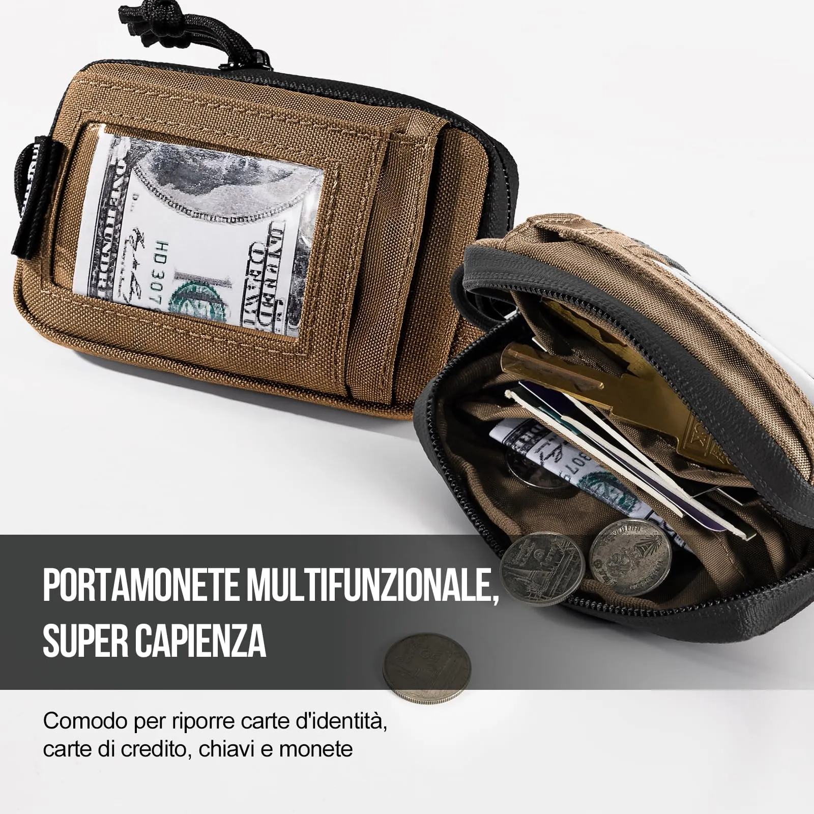 OneTigris Portafoglio 500d Nylon Piccolo Con Cerniera Portafoglio Tattico Custodia Per Carte Di Credito Piccola Tasca Per Uomini e Donne-Marrone Coyote - immagine 9