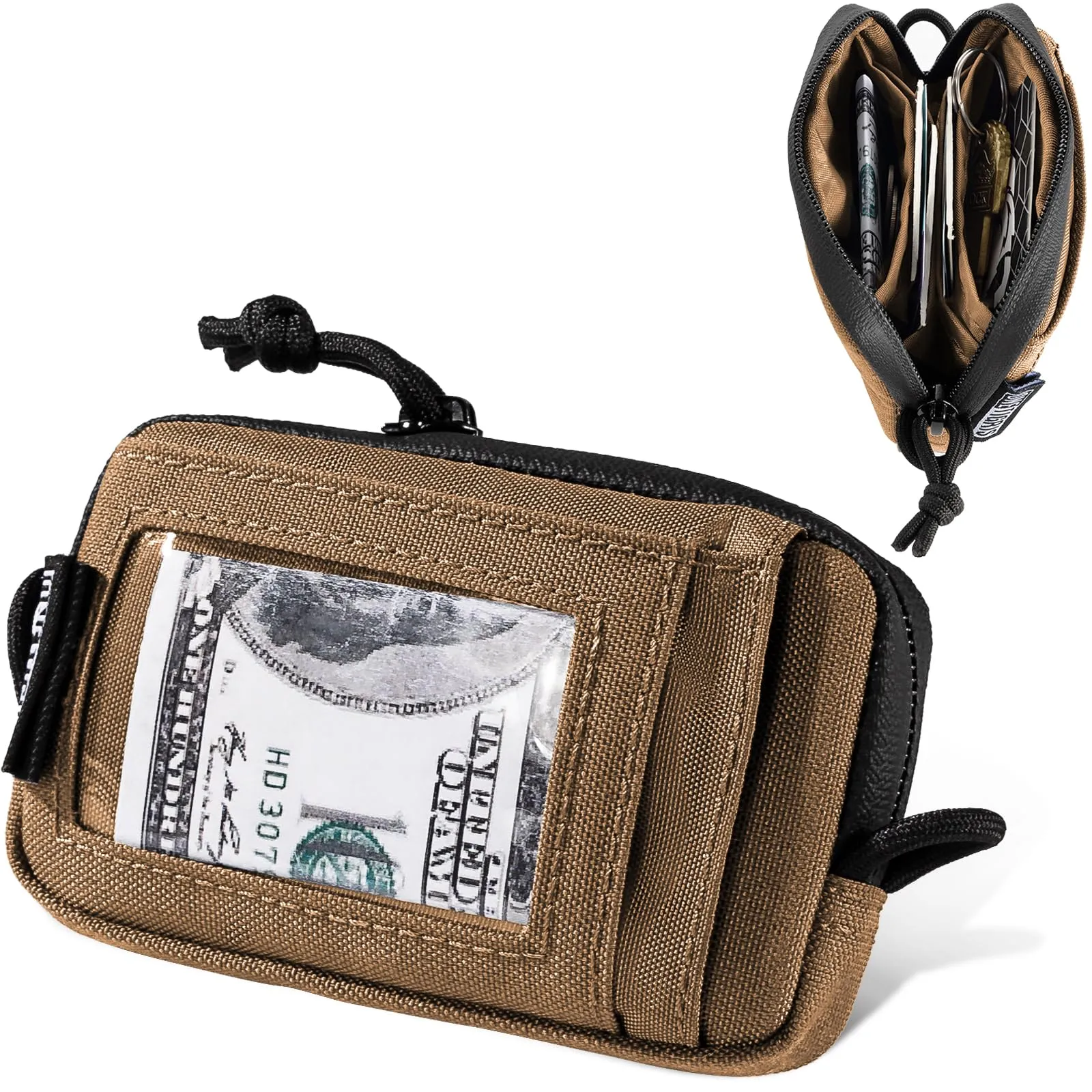 OneTigris Portafoglio 500d Nylon Piccolo Con Cerniera Portafoglio Tattico Custodia Per Carte Di Credito Piccola Tasca Per Uomini e Donne-Marrone Coyote - immagine 10