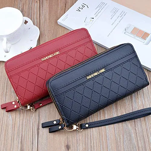 Portafoglio Donna con Doppia Cerniera Porta Monete in Pelle PU da Donna Grande Capacità con Slot per Schede Multiple Portafoglio da Polso (Nero1) - immagine 5