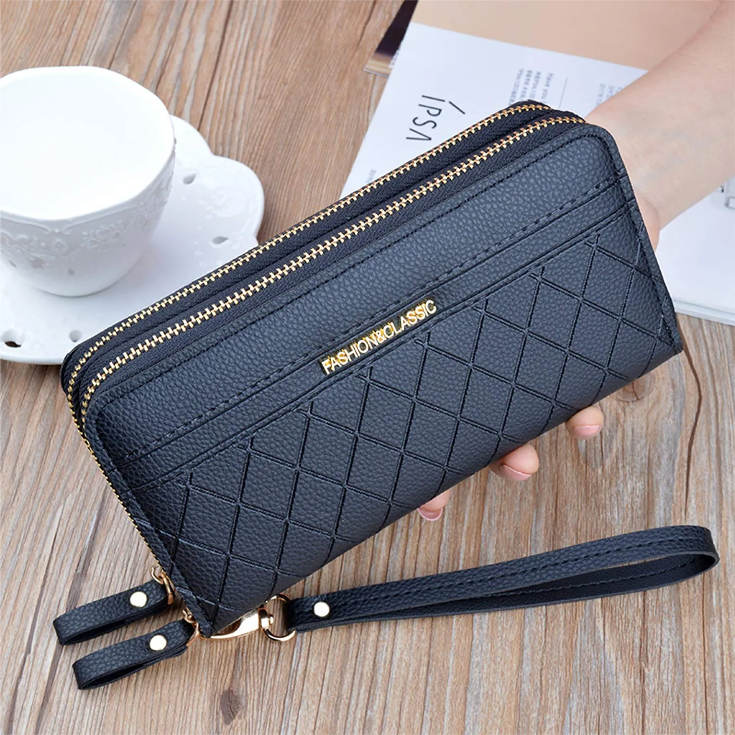 Portafoglio Donna con Doppia Cerniera Porta Monete in Pelle PU da Donna Grande Capacità con Slot per Schede Multiple Portafoglio da Polso (Nero1) - immagine 6