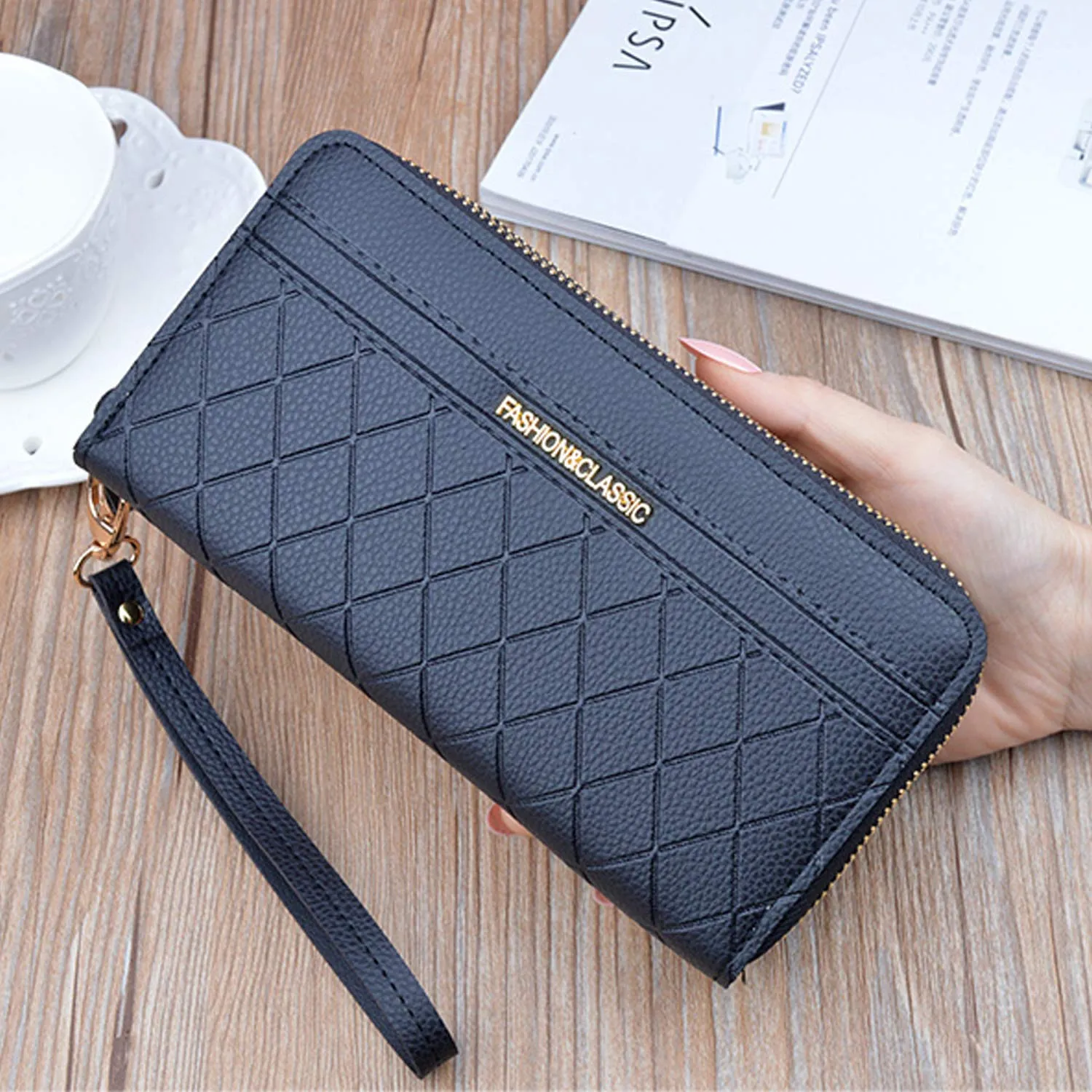 Portafoglio Donna con Doppia Cerniera Porta Monete in Pelle PU da Donna Grande Capacità con Slot per Schede Multiple Portafoglio da Polso (Nero1) - immagine 7