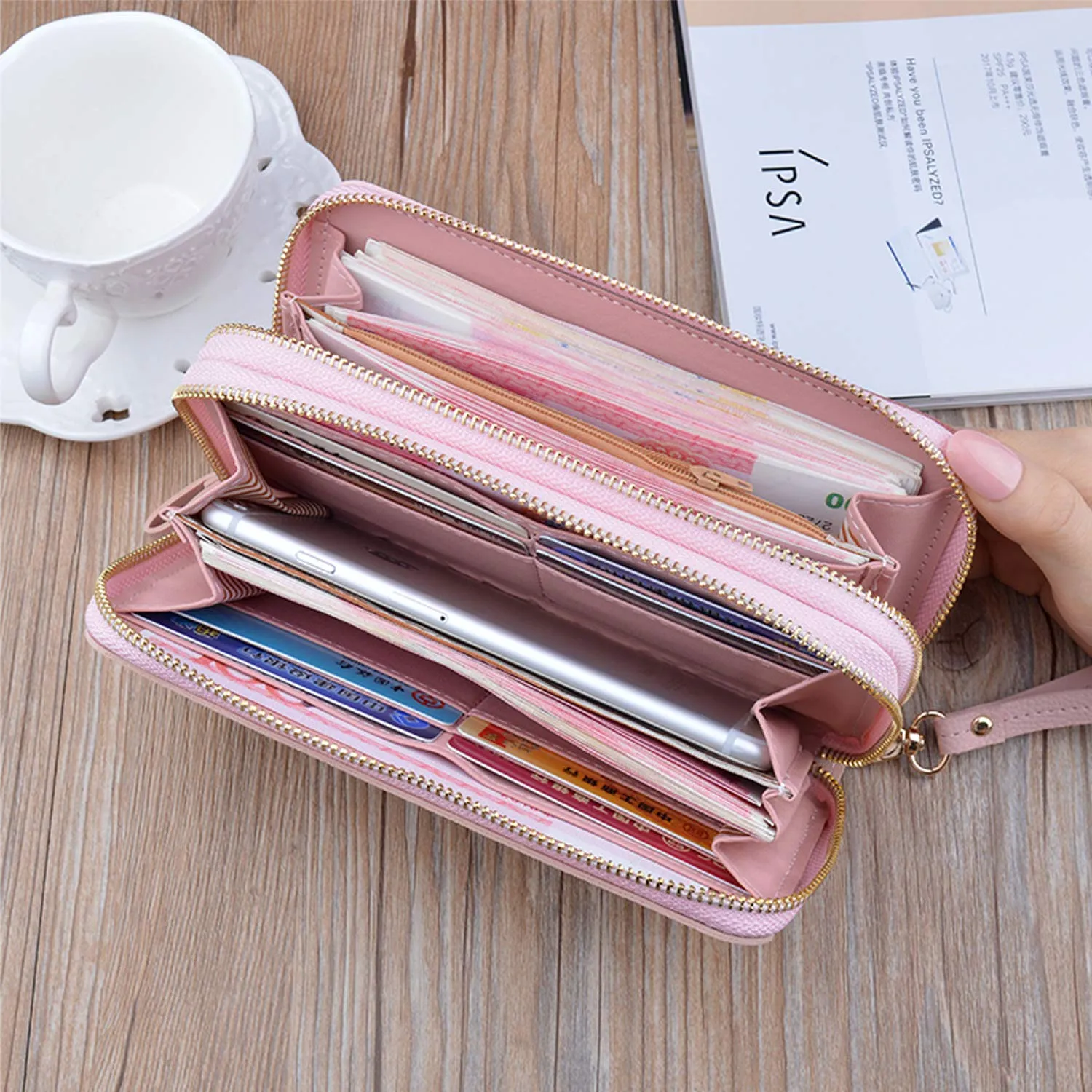 Portafoglio Donna con Doppia Cerniera Porta Monete in Pelle PU da Donna Grande Capacità con Slot per Schede Multiple Portafoglio da Polso (Rosa3) - immagine 2