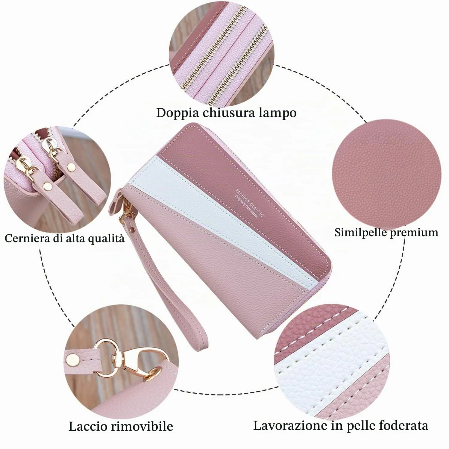 Portafoglio Donna con Doppia Cerniera Porta Monete in Pelle PU da Donna Grande Capacità con Slot per Schede Multiple Portafoglio da Polso (Rosa3) - immagine 3