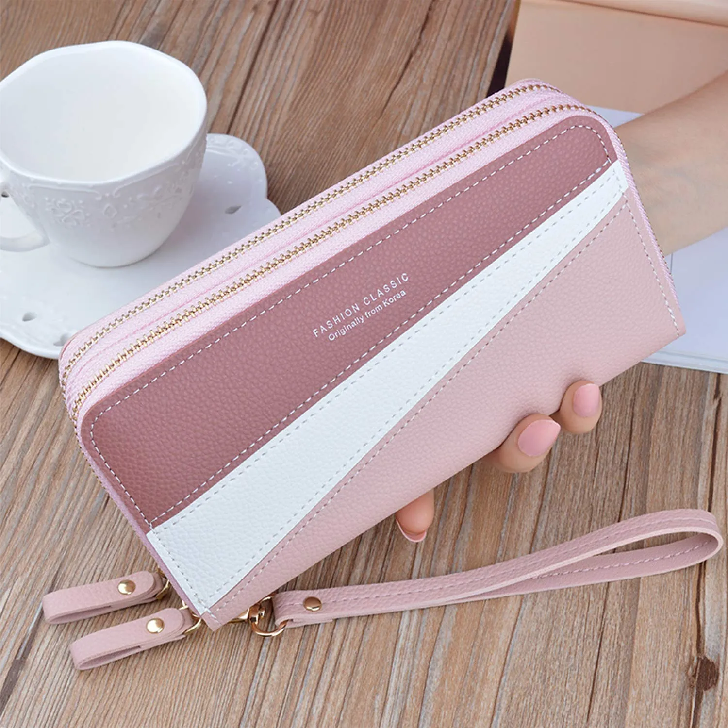 Portafoglio Donna con Doppia Cerniera Porta Monete in Pelle PU da Donna Grande Capacità con Slot per Schede Multiple Portafoglio da Polso (Rosa3) - immagine 5