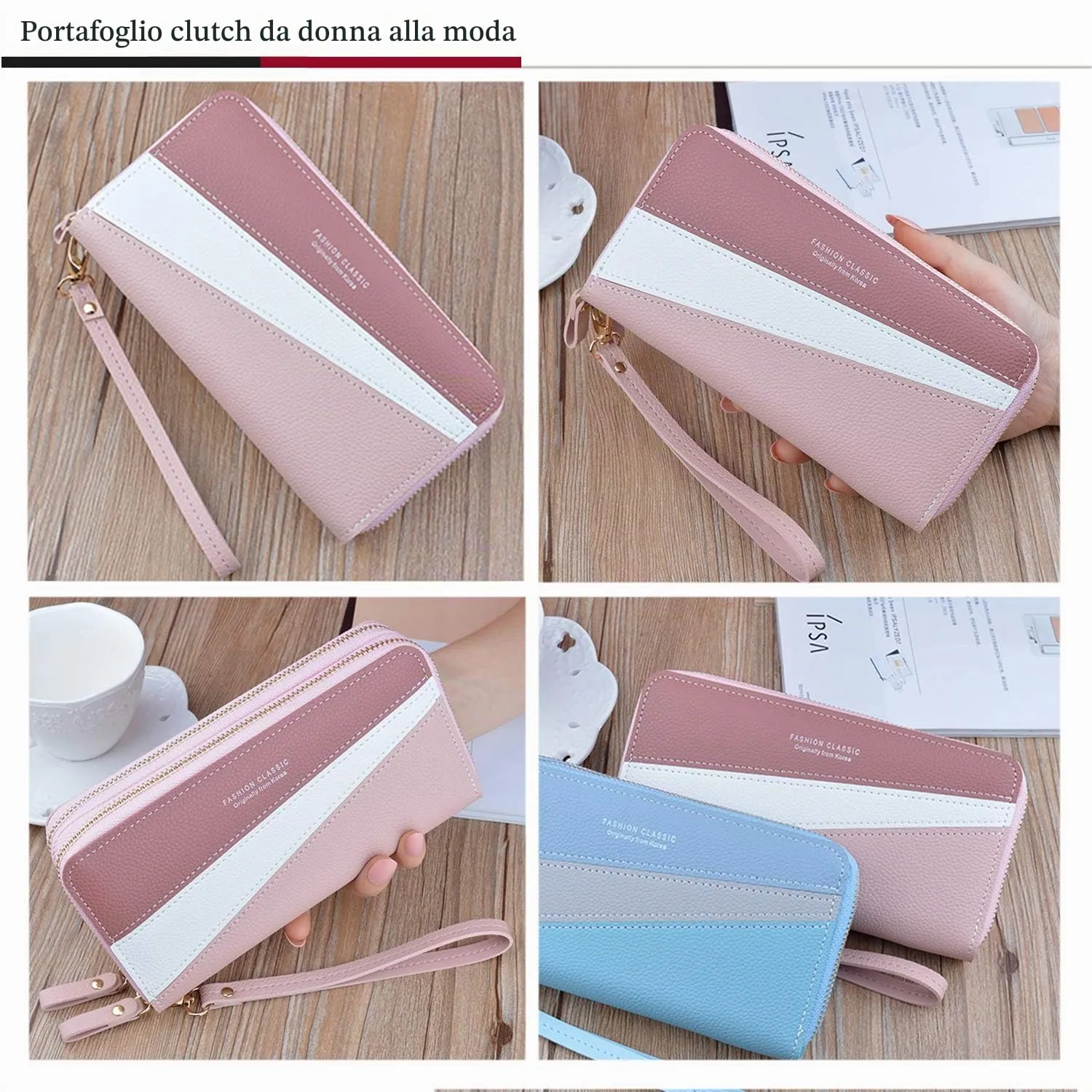 Portafoglio Donna con Doppia Cerniera Porta Monete in Pelle PU da Donna Grande Capacità con Slot per Schede Multiple Portafoglio da Polso (Rosa3) - immagine 7