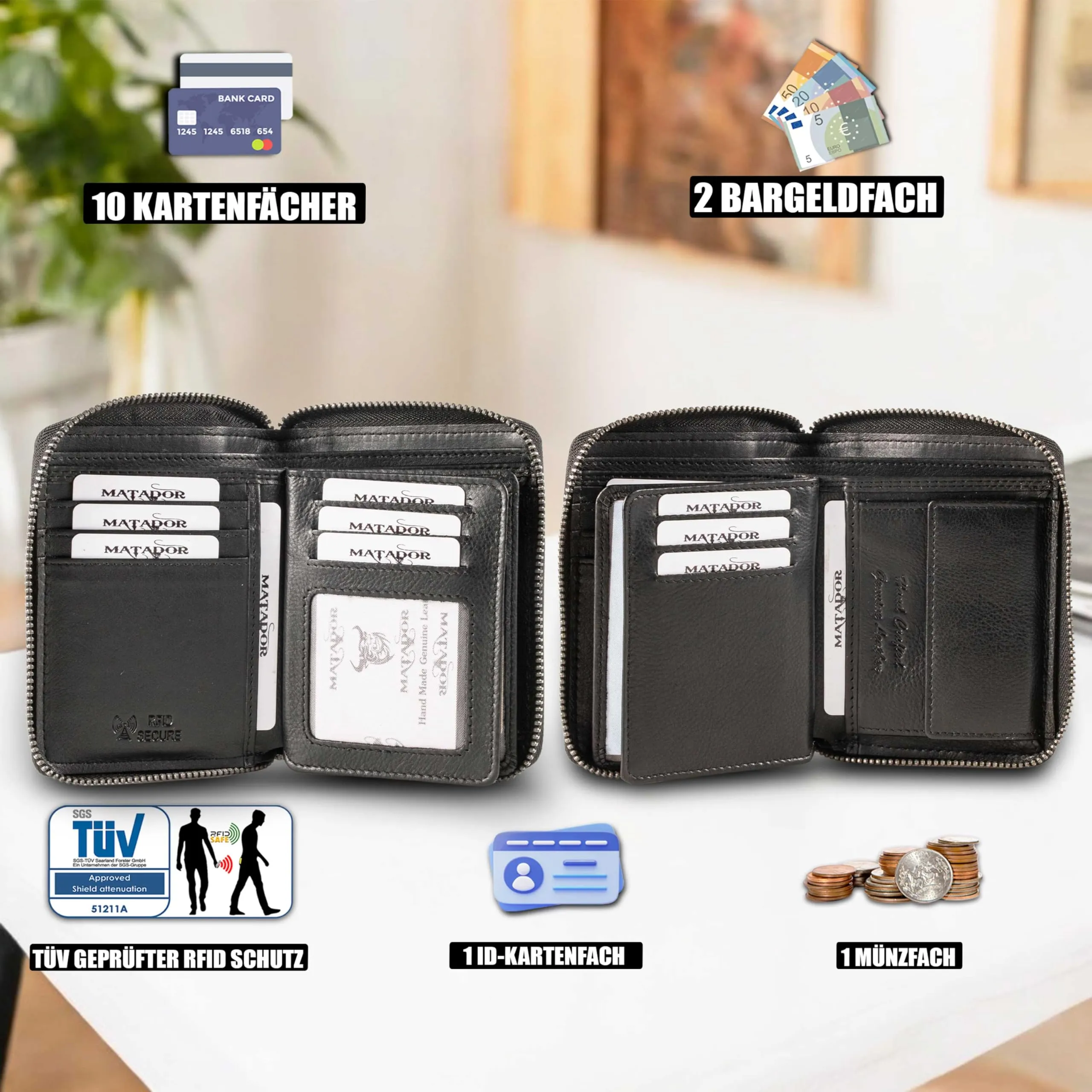 Matador Portafoglio Vera Pelle Uomo Donna RFID Zip Nero Nappa 9 Carte - immagine 2