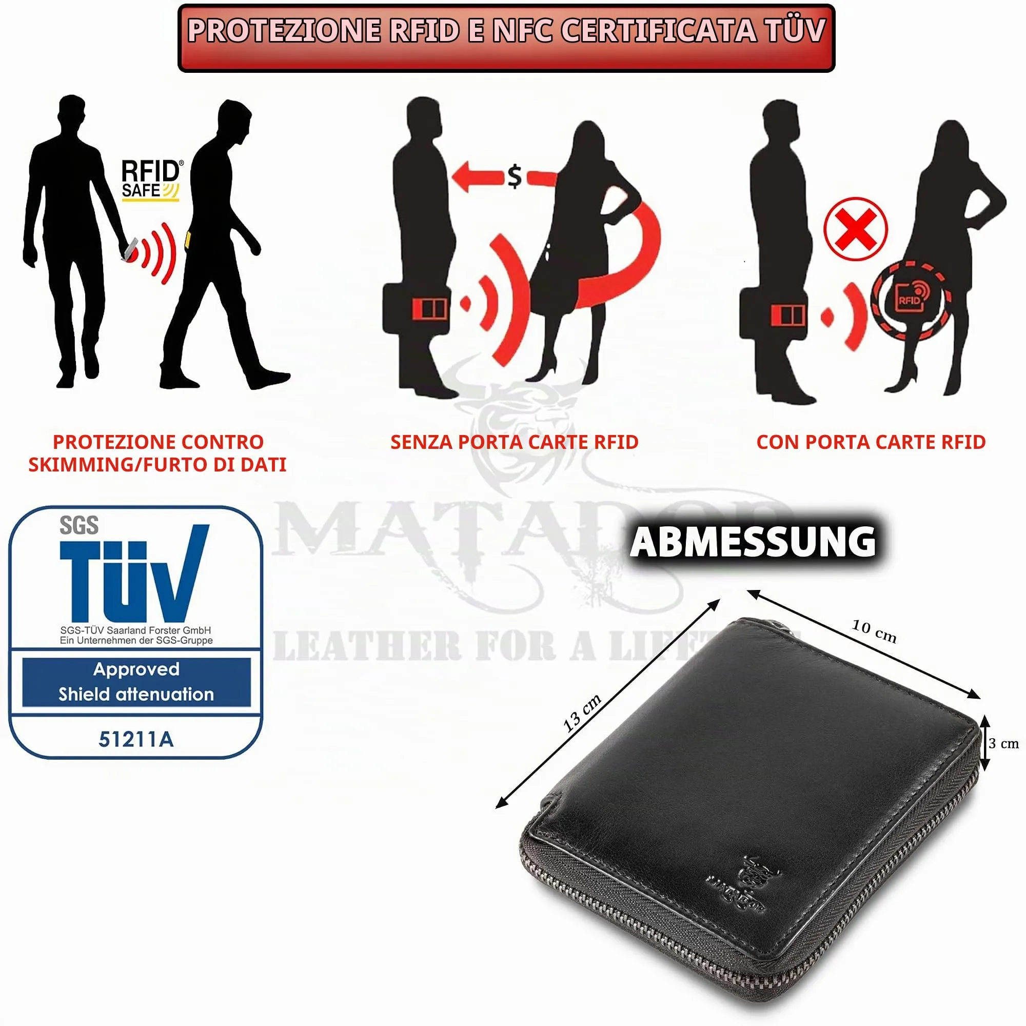Matador Portafoglio Vera Pelle Uomo Donna RFID Zip Nero Nappa 9 Carte - immagine 4