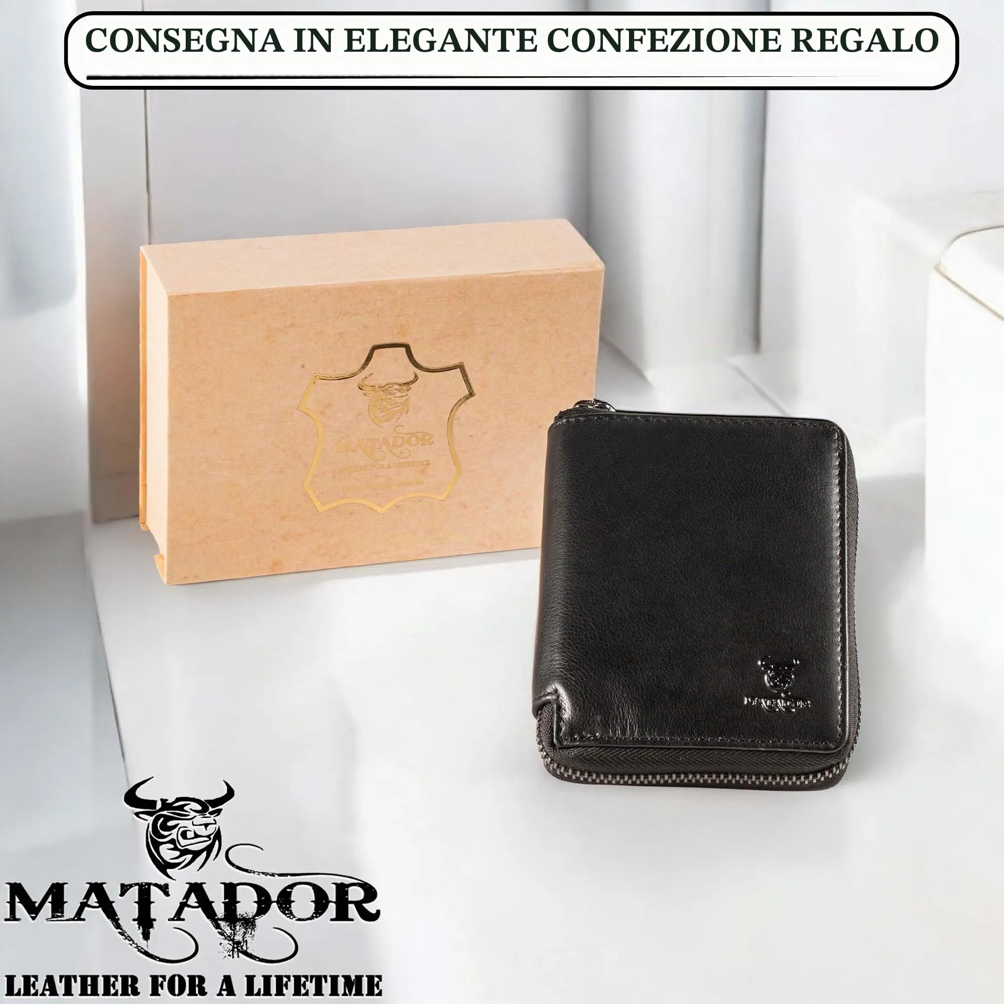 Matador Portafoglio Vera Pelle Uomo Donna RFID Zip Nero Nappa 9 Carte - immagine 5