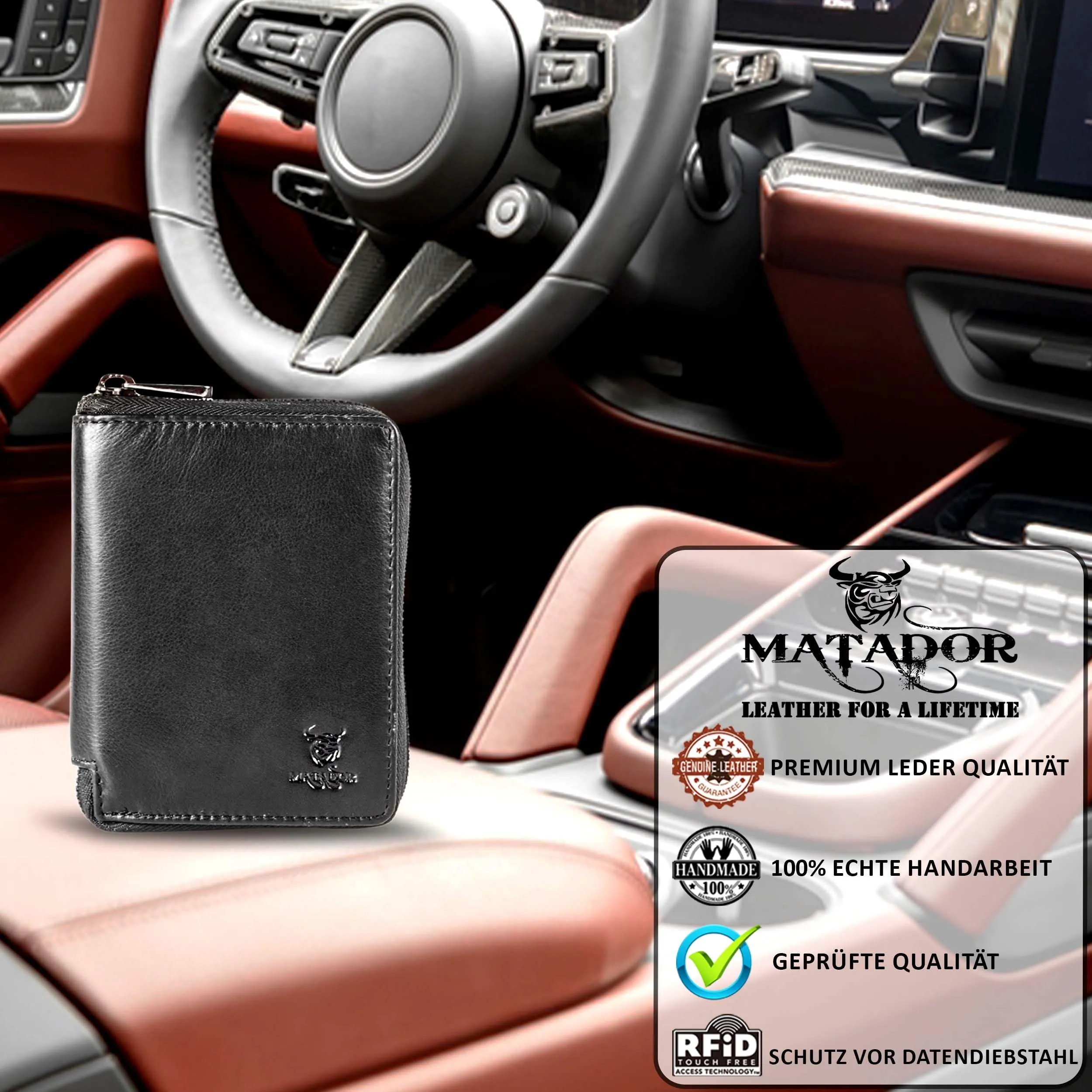 Matador Portafoglio Vera Pelle Uomo Donna RFID Zip Nero Nappa 9 Carte - immagine 6